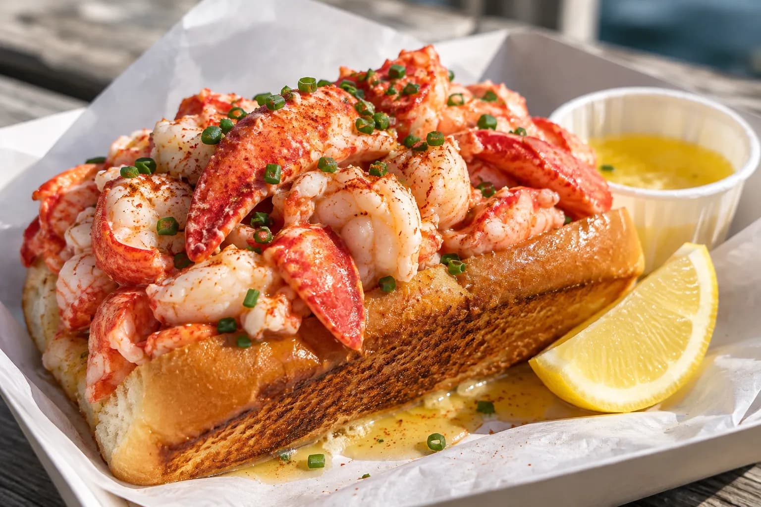 A split-top bun overloaded with warm chunks of lobster meat glossy with butter
