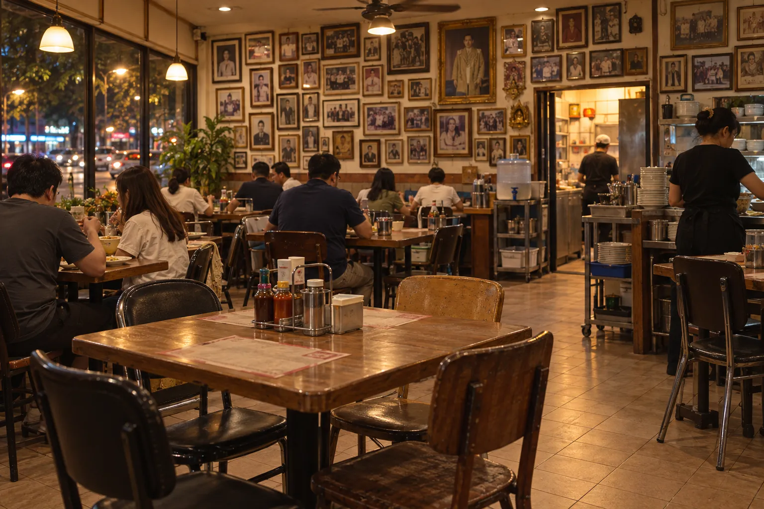 A modest storefront Thai restaurant interior with walls covered in photographs