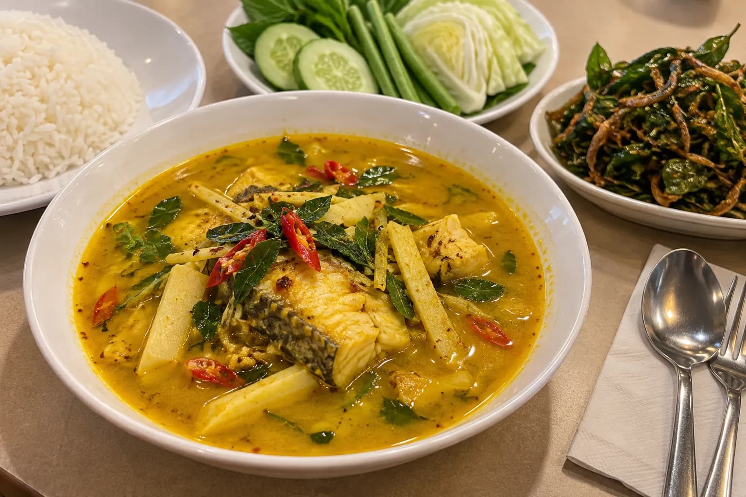 A bright yellow turmeric curry in a bowl beside a plate of rice and fresh vegetables