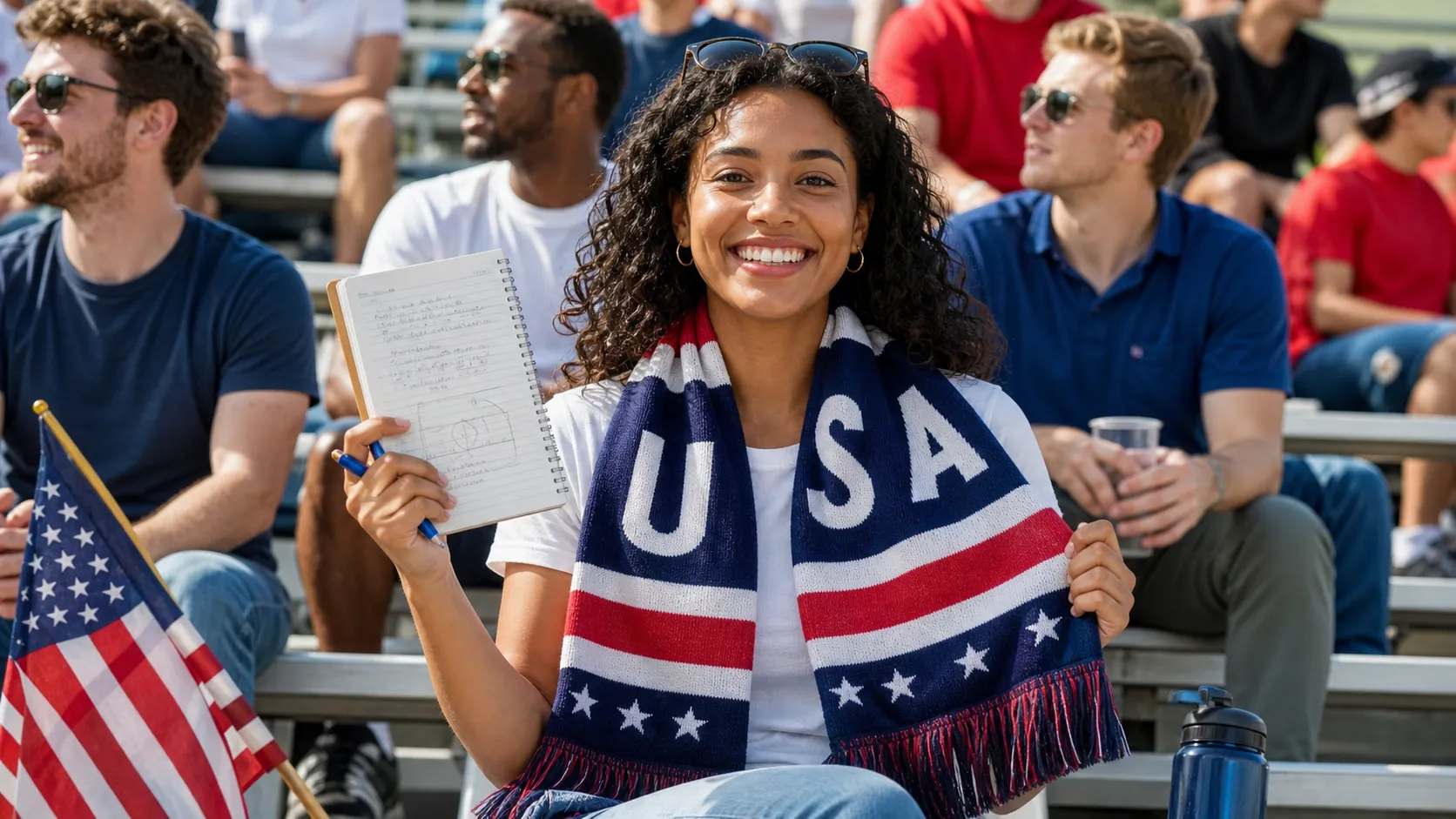 Bright realistic USA scarf and match notes in stadium