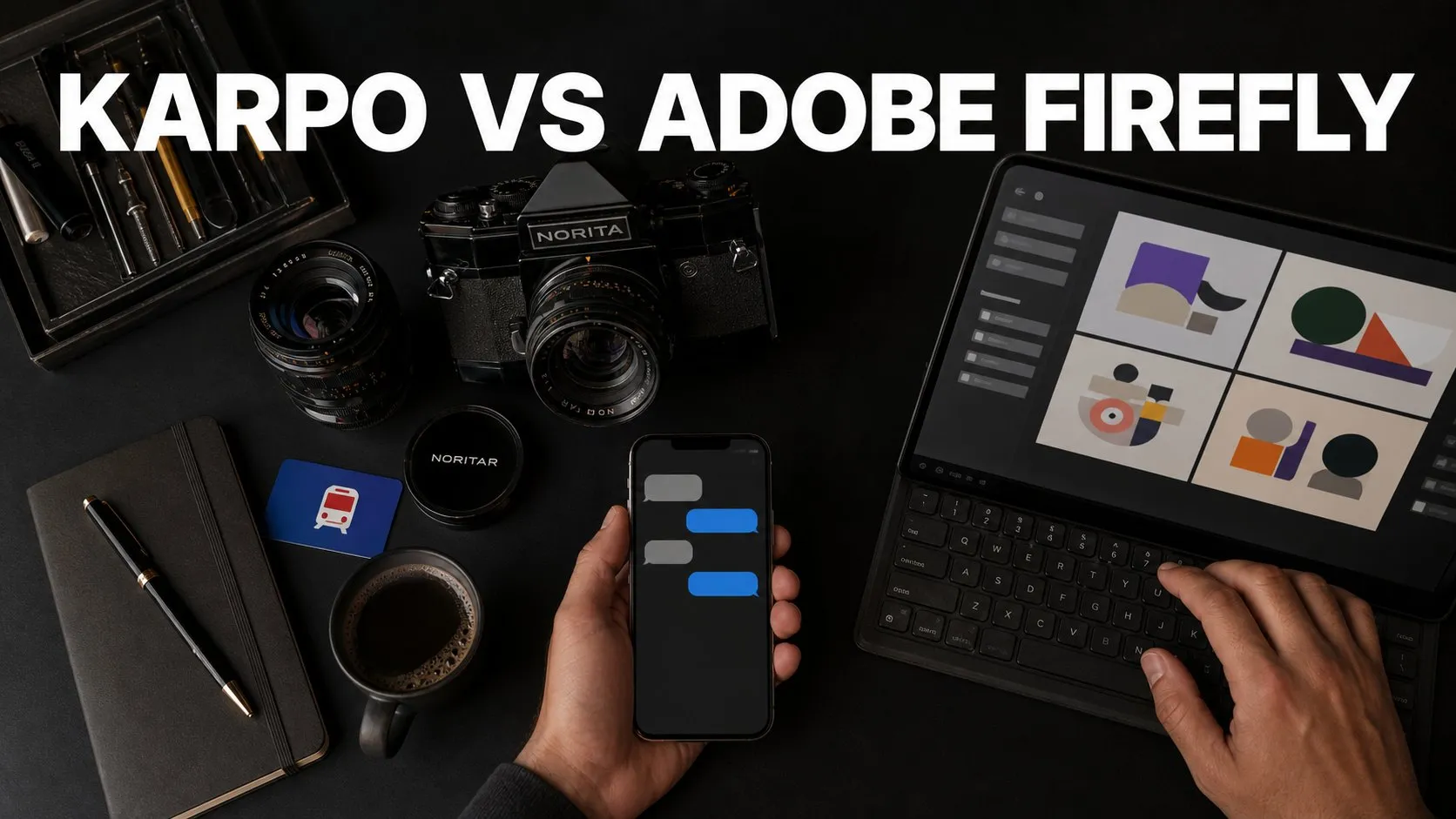 Photorealistic Karpo versus Adobe Firefly comparison using a workspace overhead composition