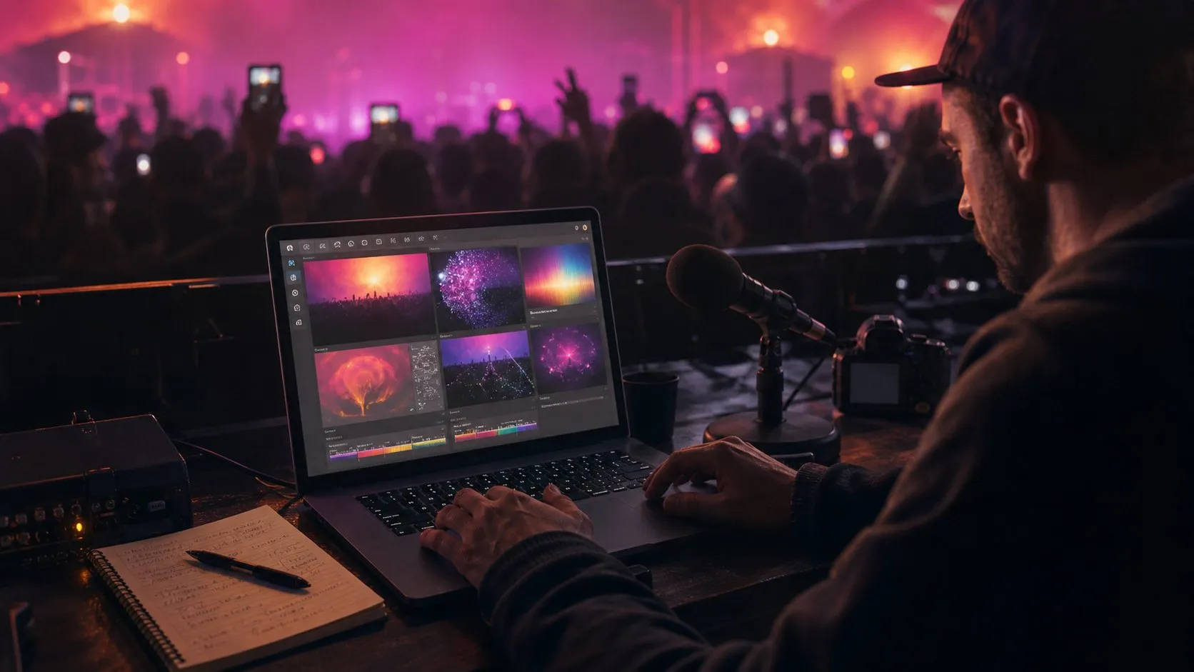 A photorealistic AI creative suite work moment showing where Adobe Firefly fits before a city decision