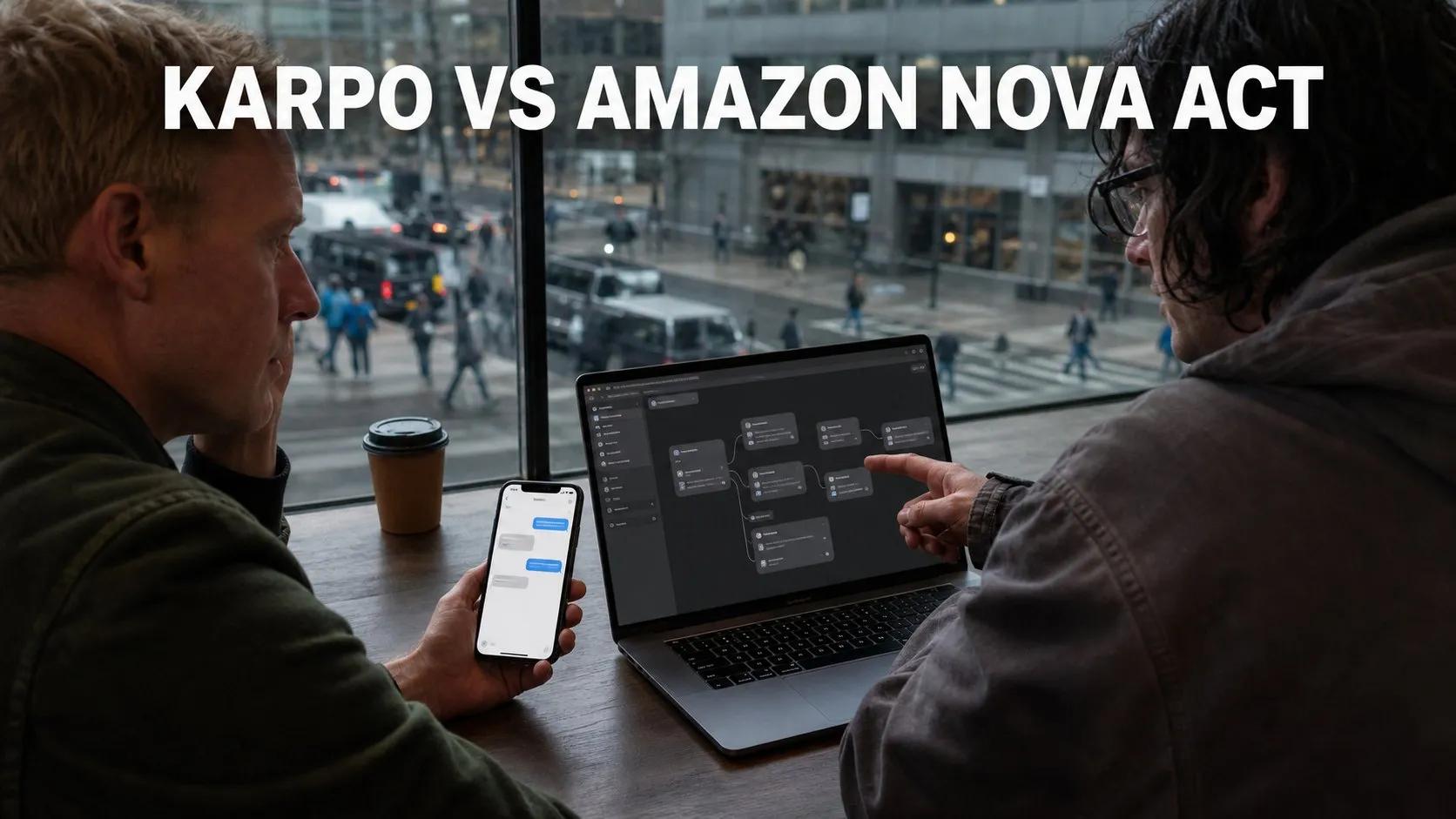 Photorealistic Karpo versus Amazon Nova Act comparison using a window reflection composition