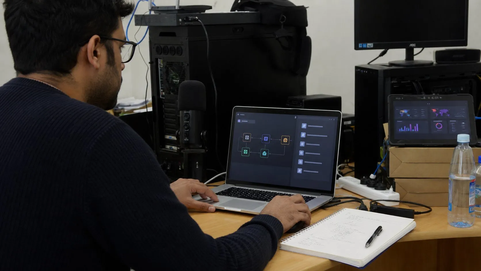 A photorealistic AI automation assistant work moment showing where Bardeen fits before a city decision