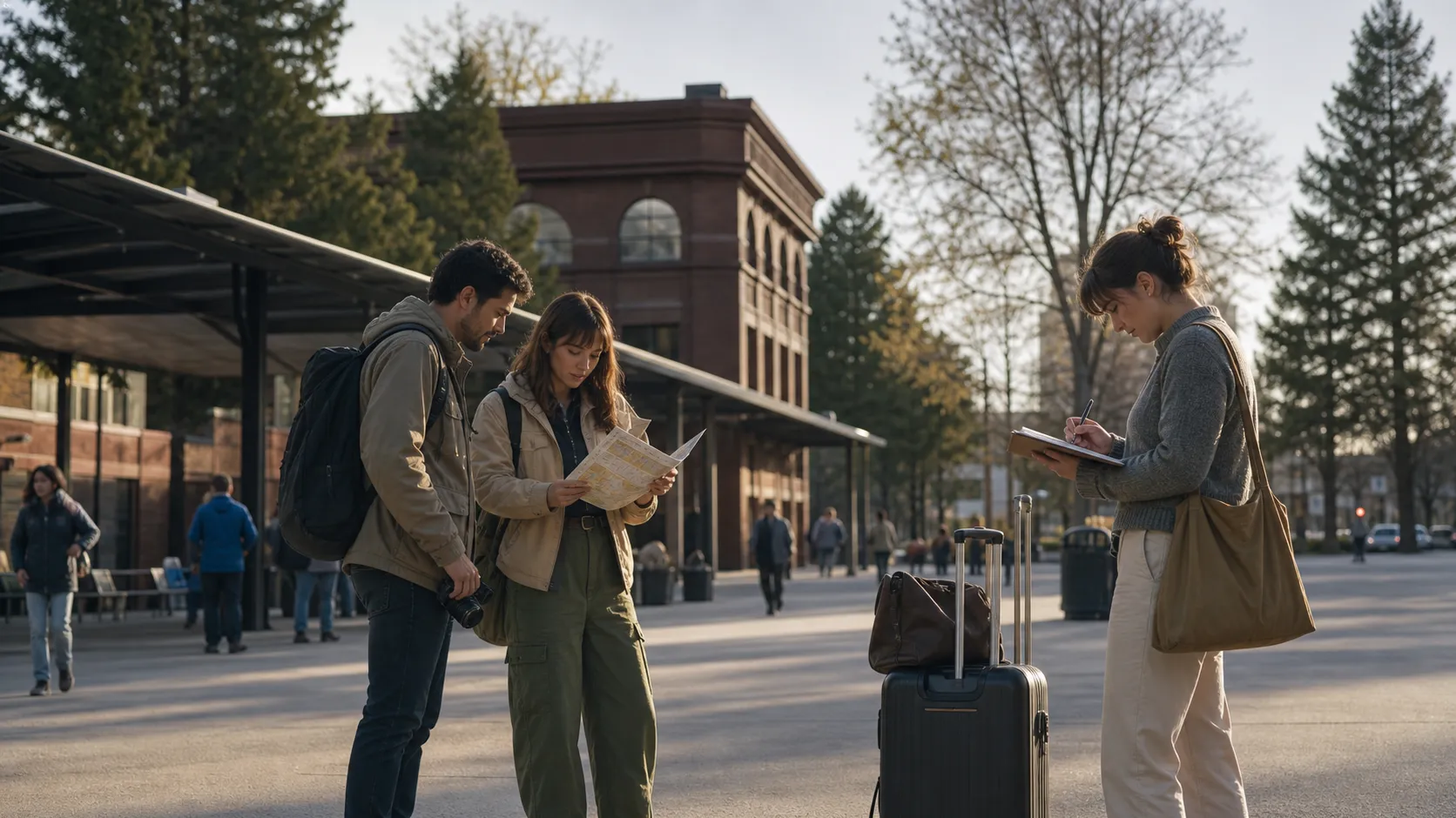 Photorealistic scene showing Karpo coordinating the wider day around BeforeSunset AI.