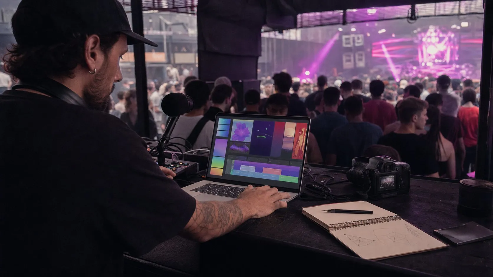 A photorealistic AI design suite work moment showing where Canva Magic Studio fits before a city decision