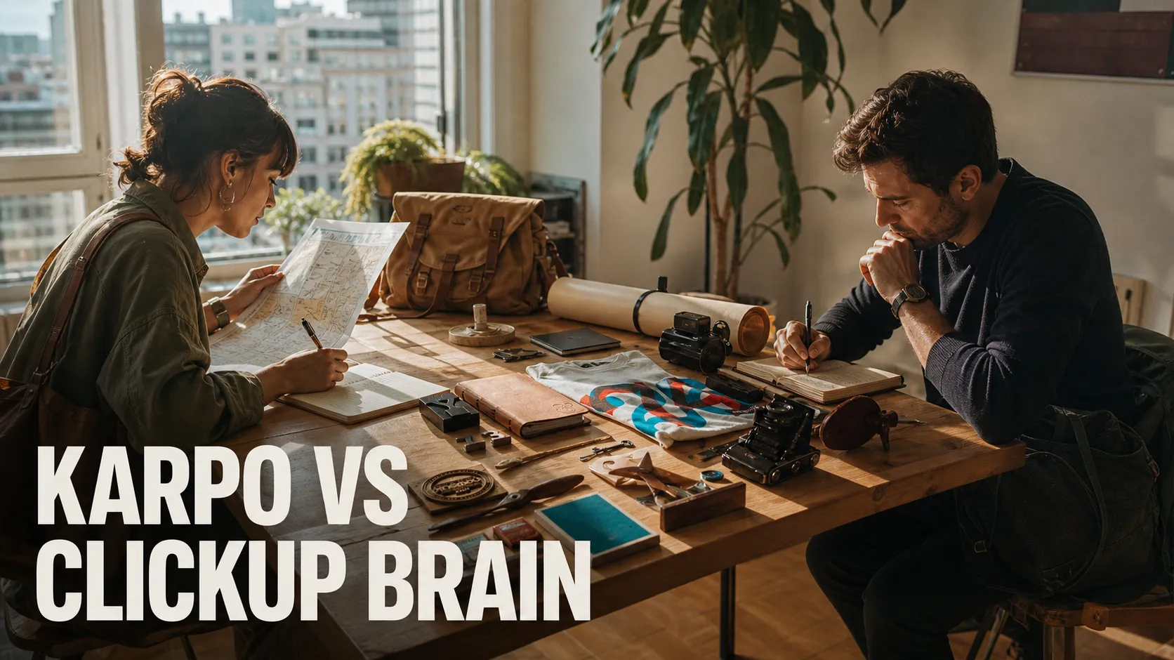 Karpo versus ClickUp Brain in a photorealistic editorial comparison.