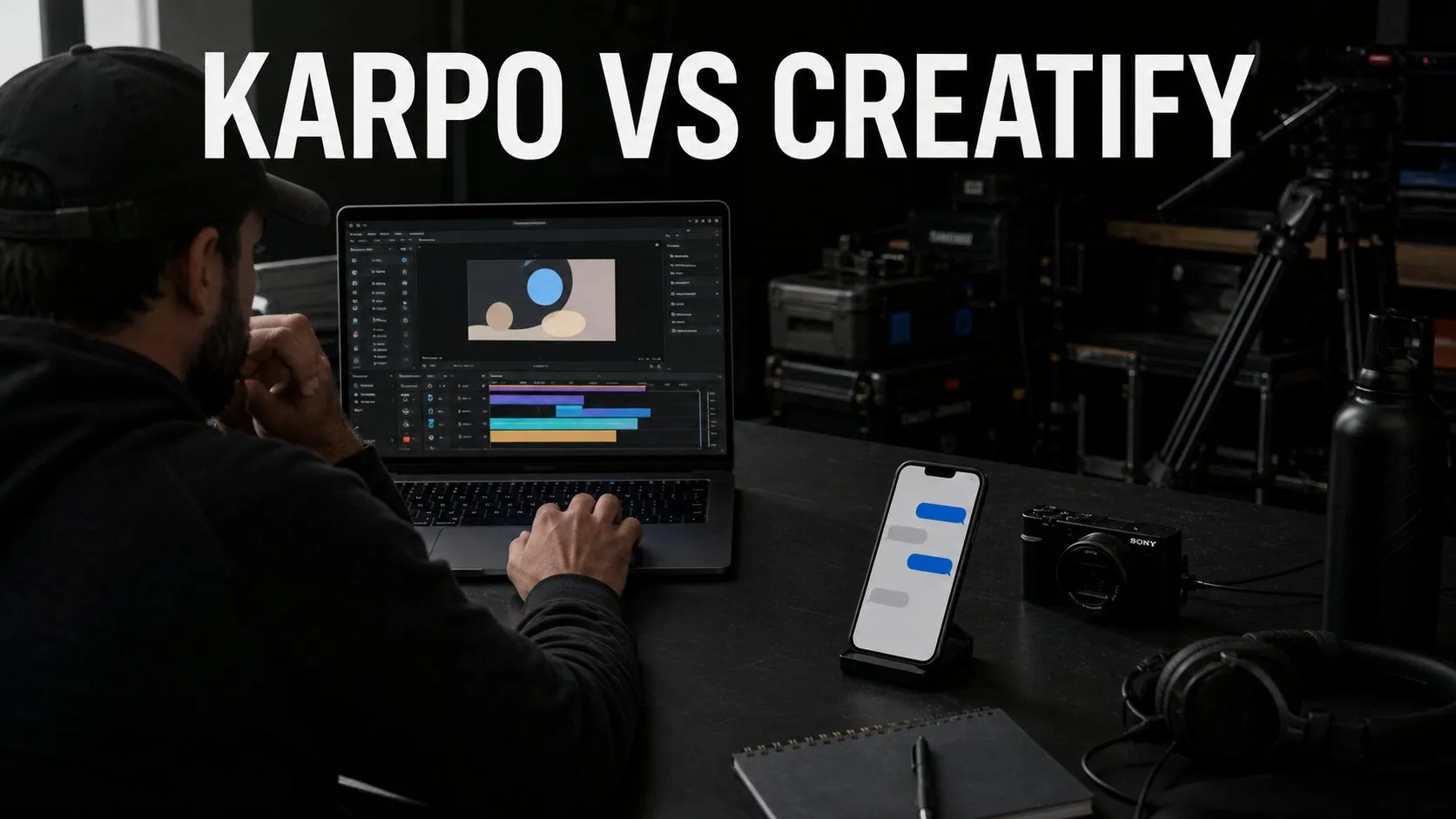 Photorealistic Karpo versus Creatify comparison using a studio equipment composition