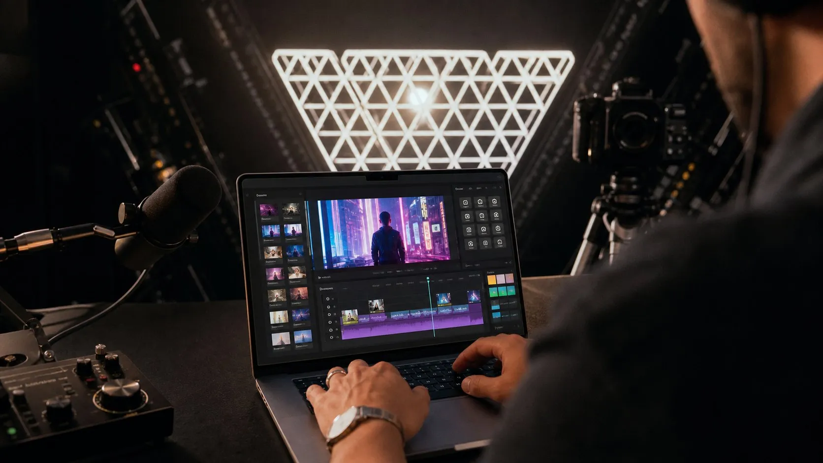 A photorealistic AI ad video creation work moment showing where Creatify fits before a city decision
