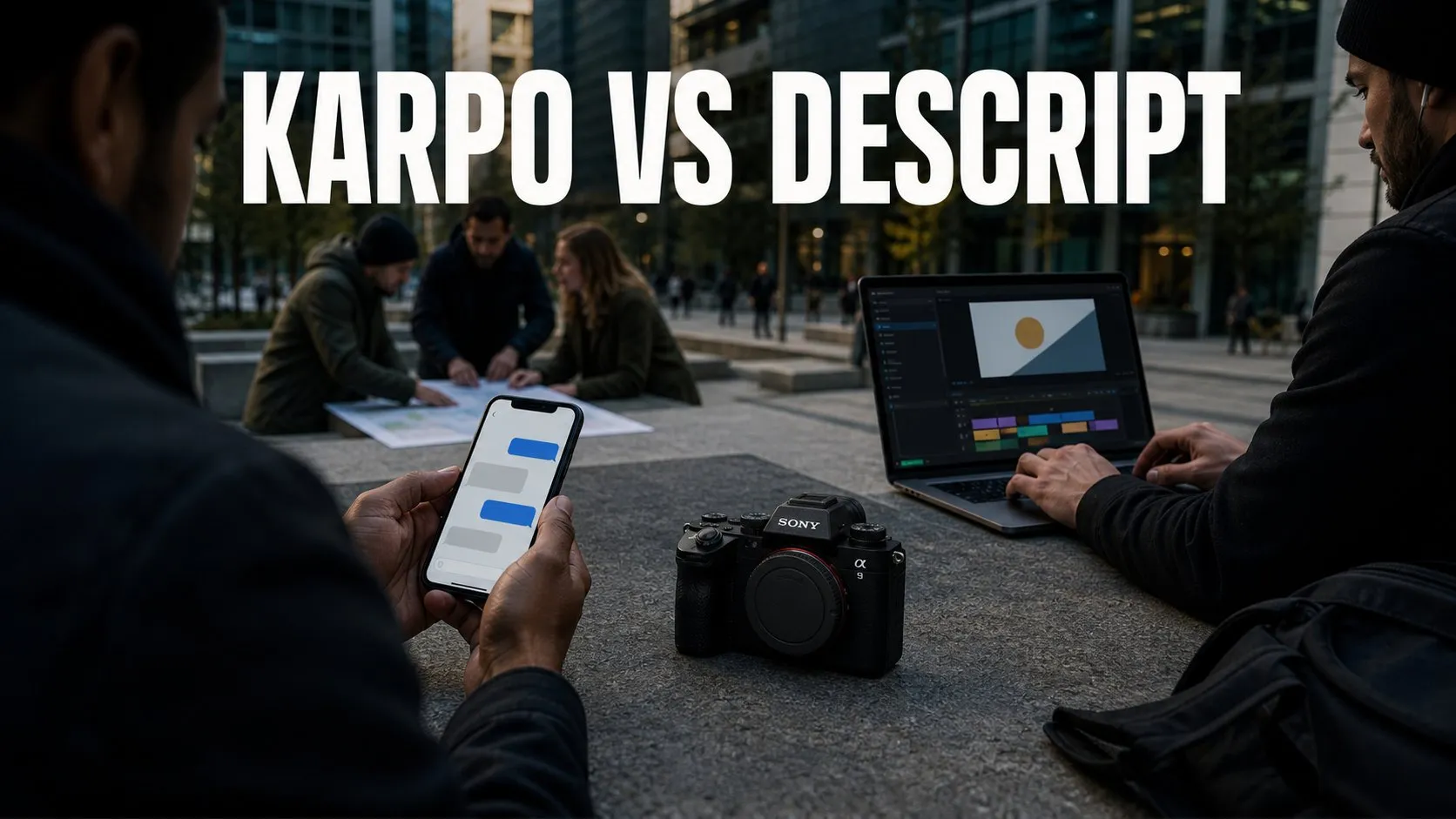 Photorealistic Karpo versus Descript comparison using a public space wide composition