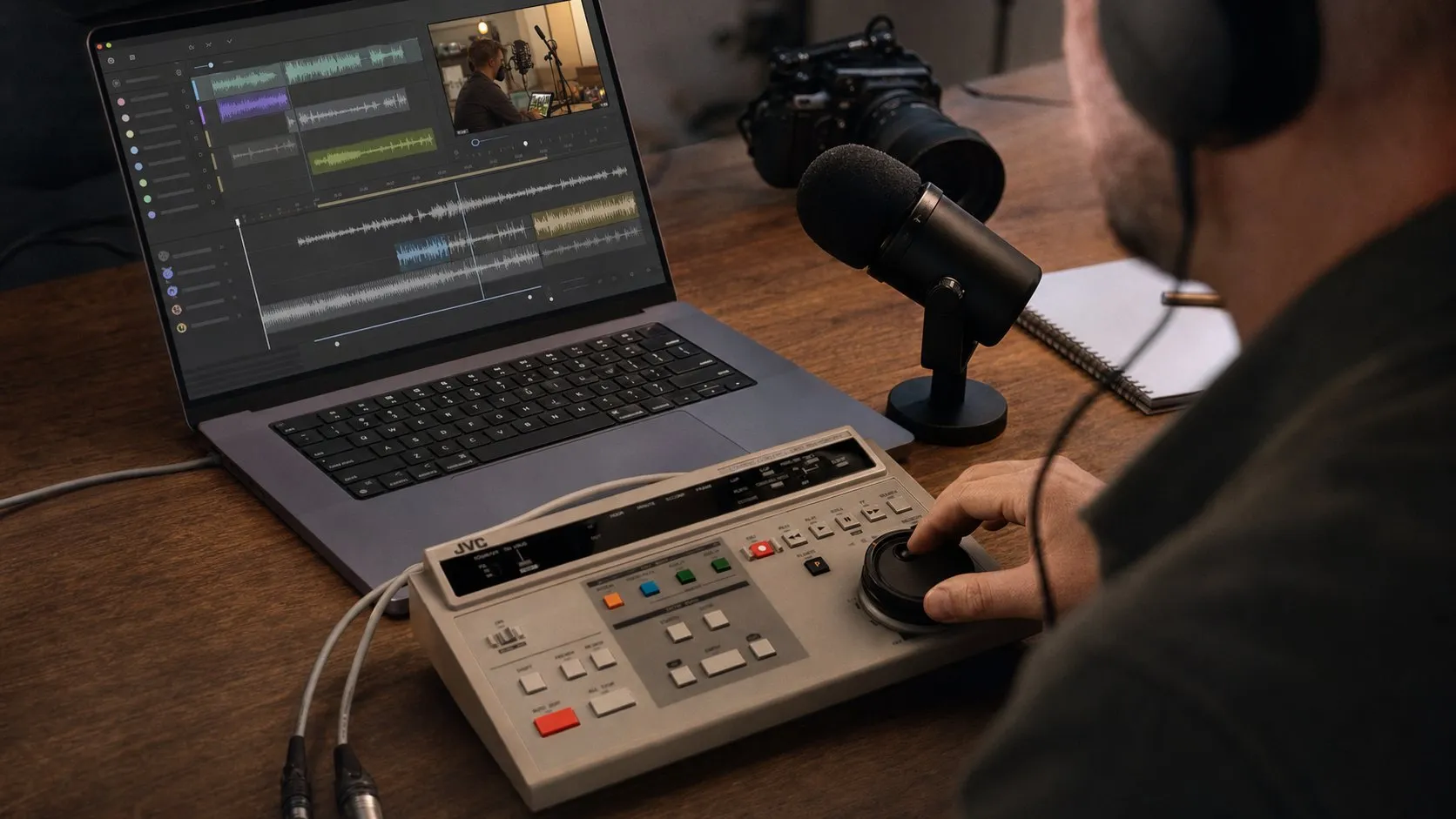 A photorealistic AI audio and video editing work moment showing where Descript fits before a city decision