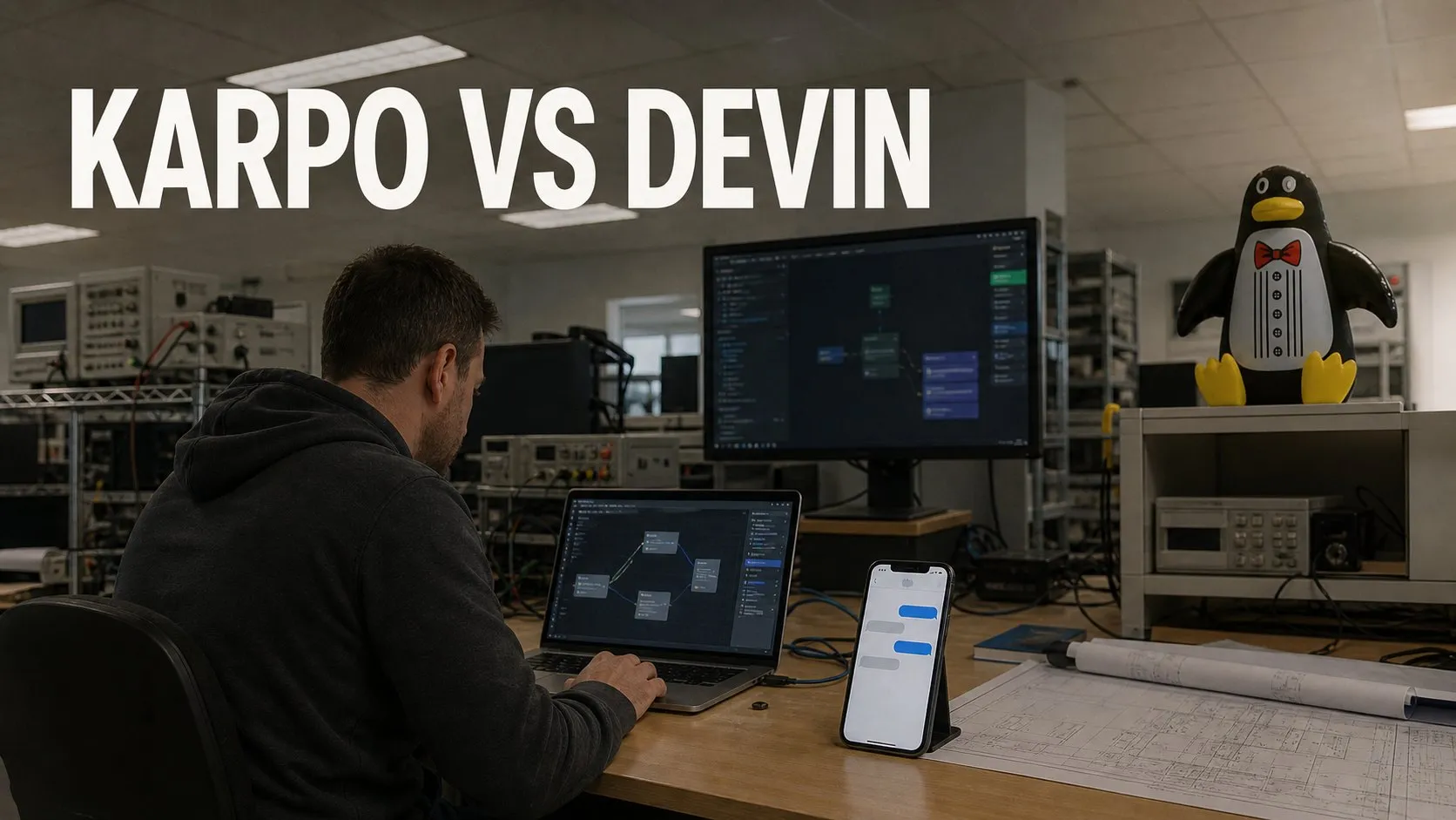 Photorealistic Karpo versus Devin comparison using a studio equipment composition
