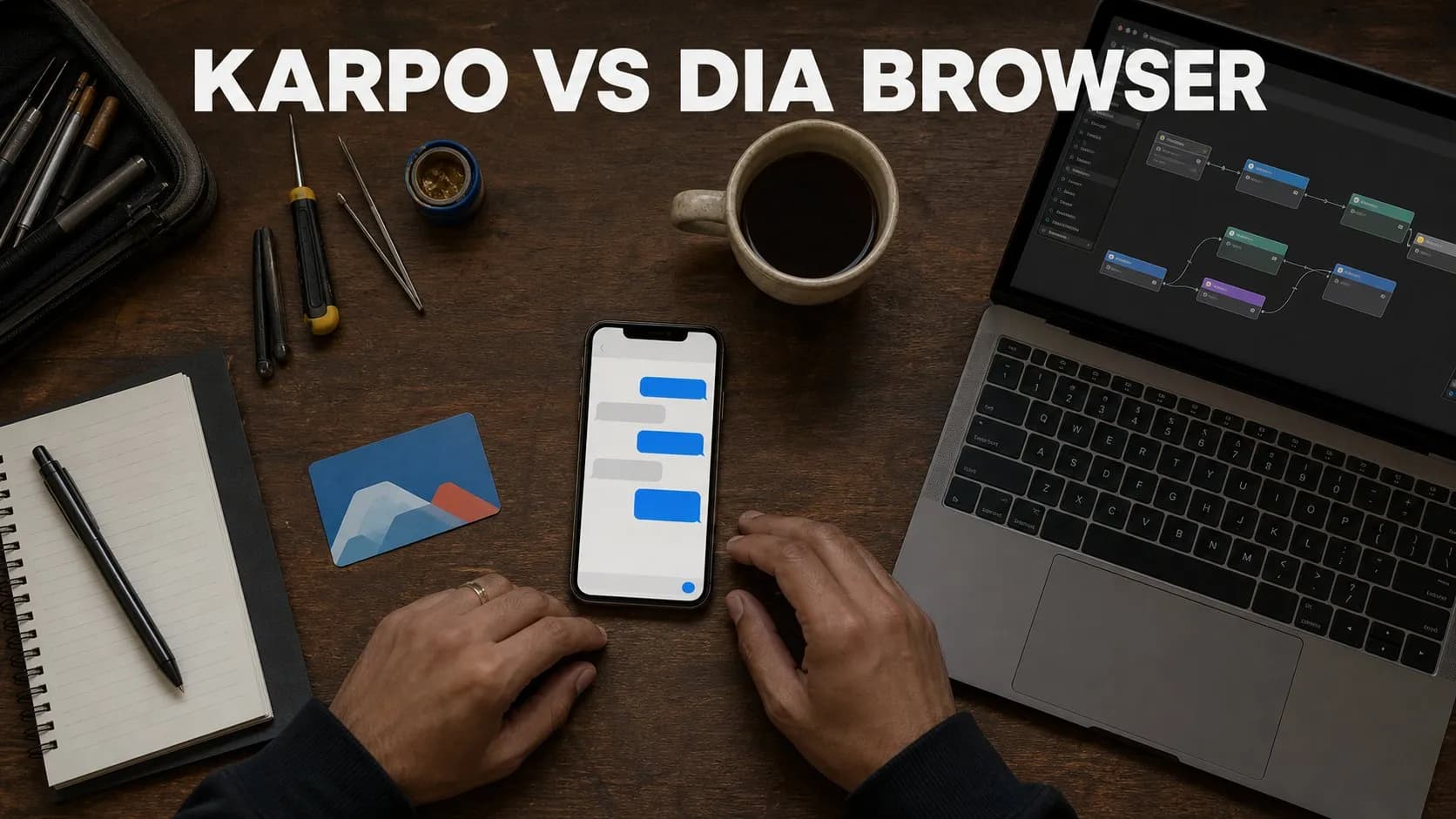 Photorealistic Karpo versus Dia Browser comparison using a workspace overhead composition