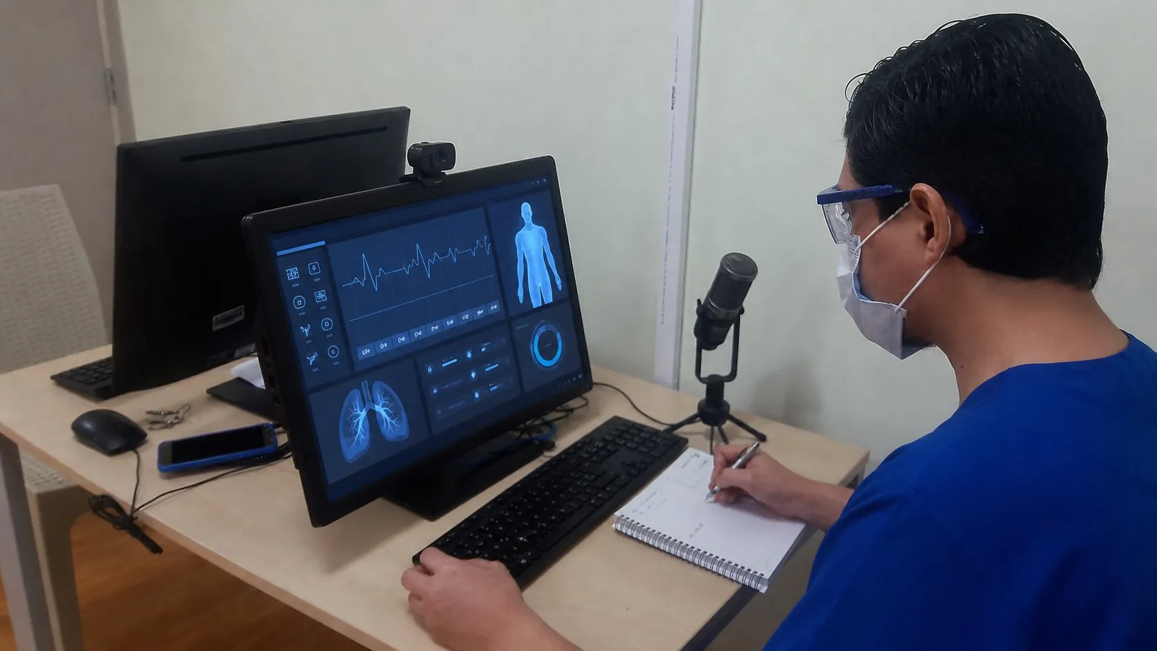 A photorealistic AI health assistant work moment showing where Docus fits before a city decision