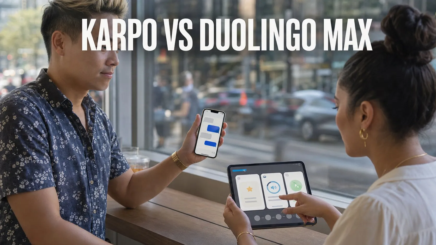 Photorealistic Karpo versus Duolingo Max comparison using a window reflection composition