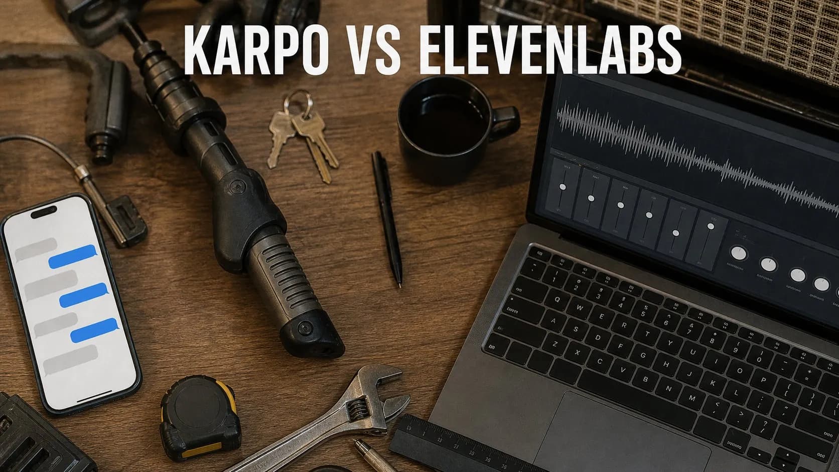 Photorealistic Karpo versus ElevenLabs comparison using a object tabletop composition