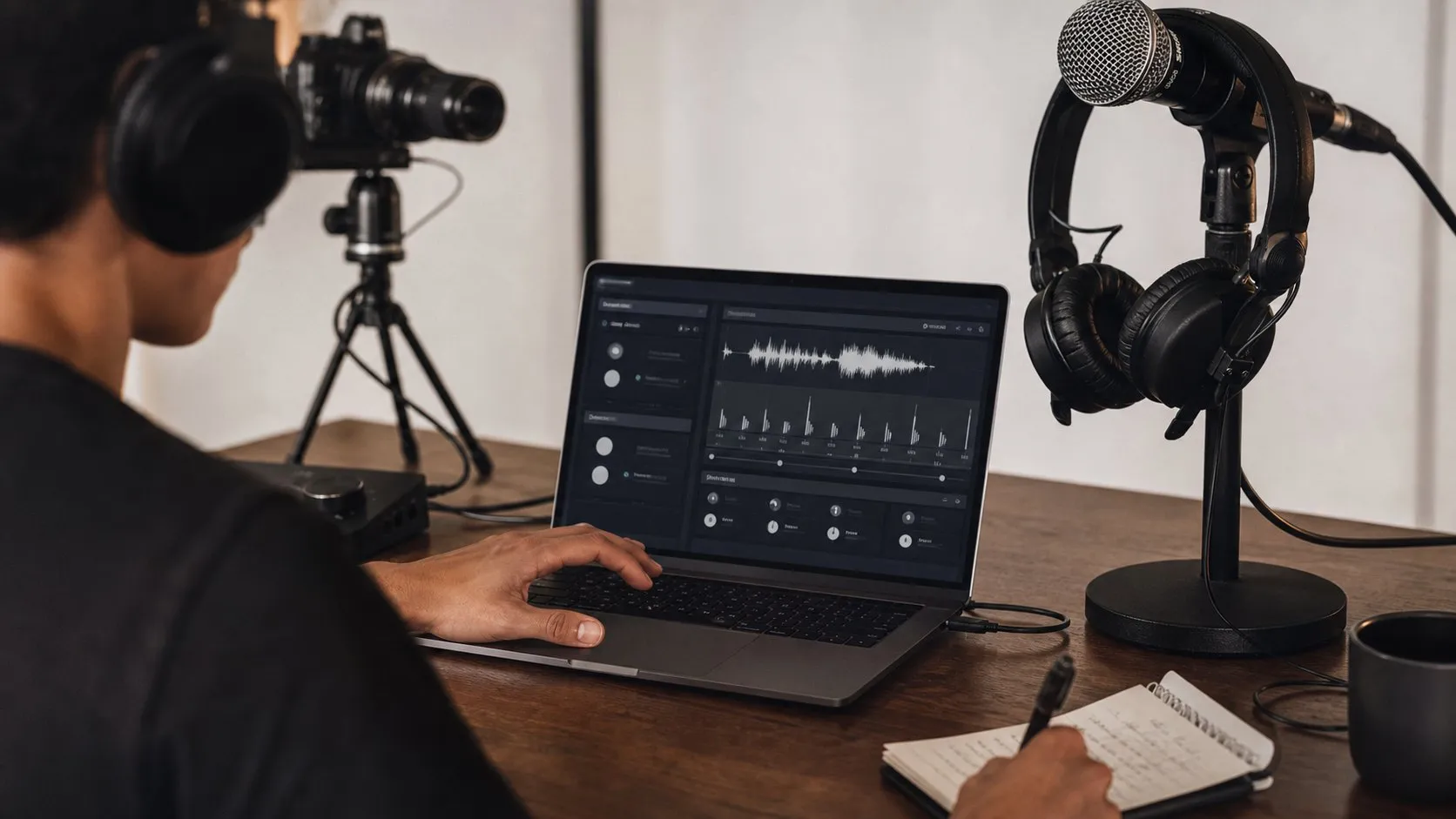 A photorealistic AI voice generation work moment showing where ElevenLabs fits before a city decision