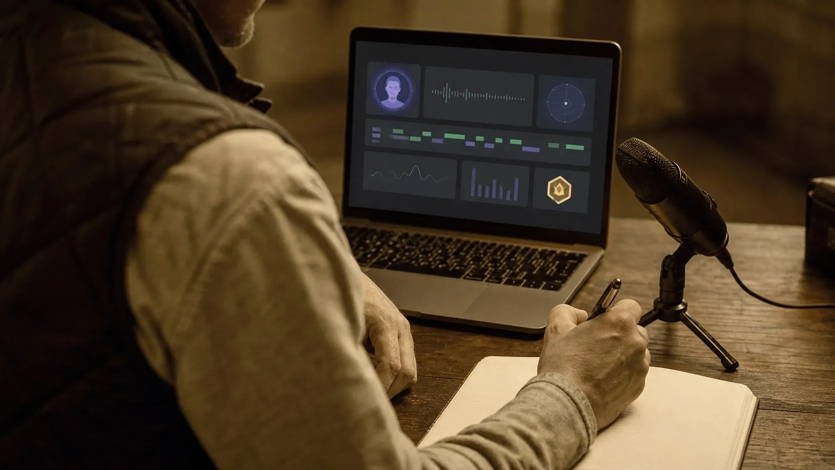 A photorealistic AI pronunciation coach work moment showing where ELSA Speak fits before a city decision