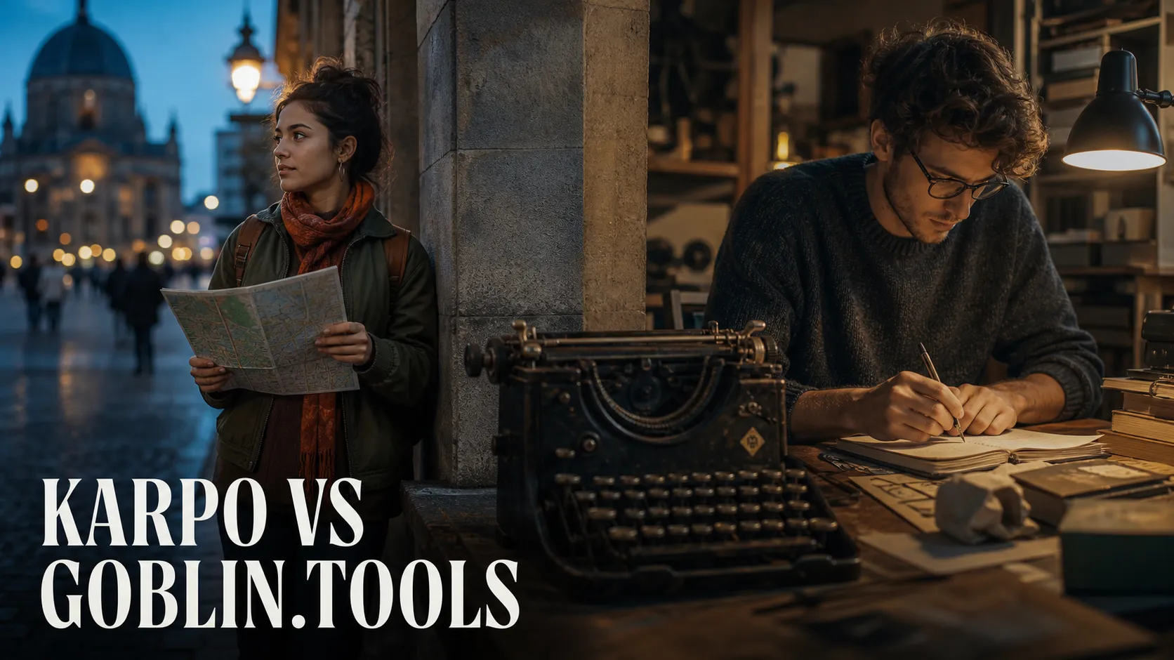 Karpo versus Goblin.tools in a photorealistic editorial comparison.