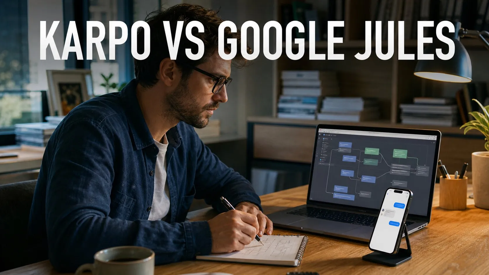 Photorealistic Karpo versus Google Jules comparison using a portrait action composition