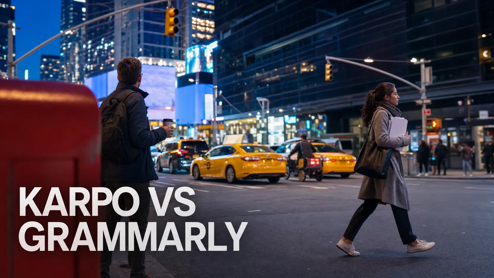 Karpo versus Grammarly in a photorealistic editorial comparison.
