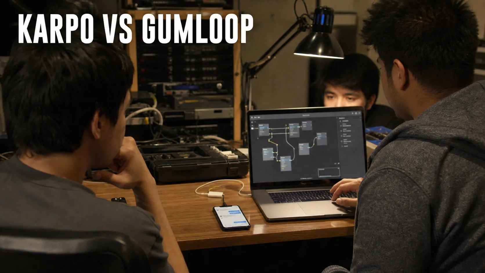 Photorealistic Karpo versus Gumloop comparison using a studio equipment composition