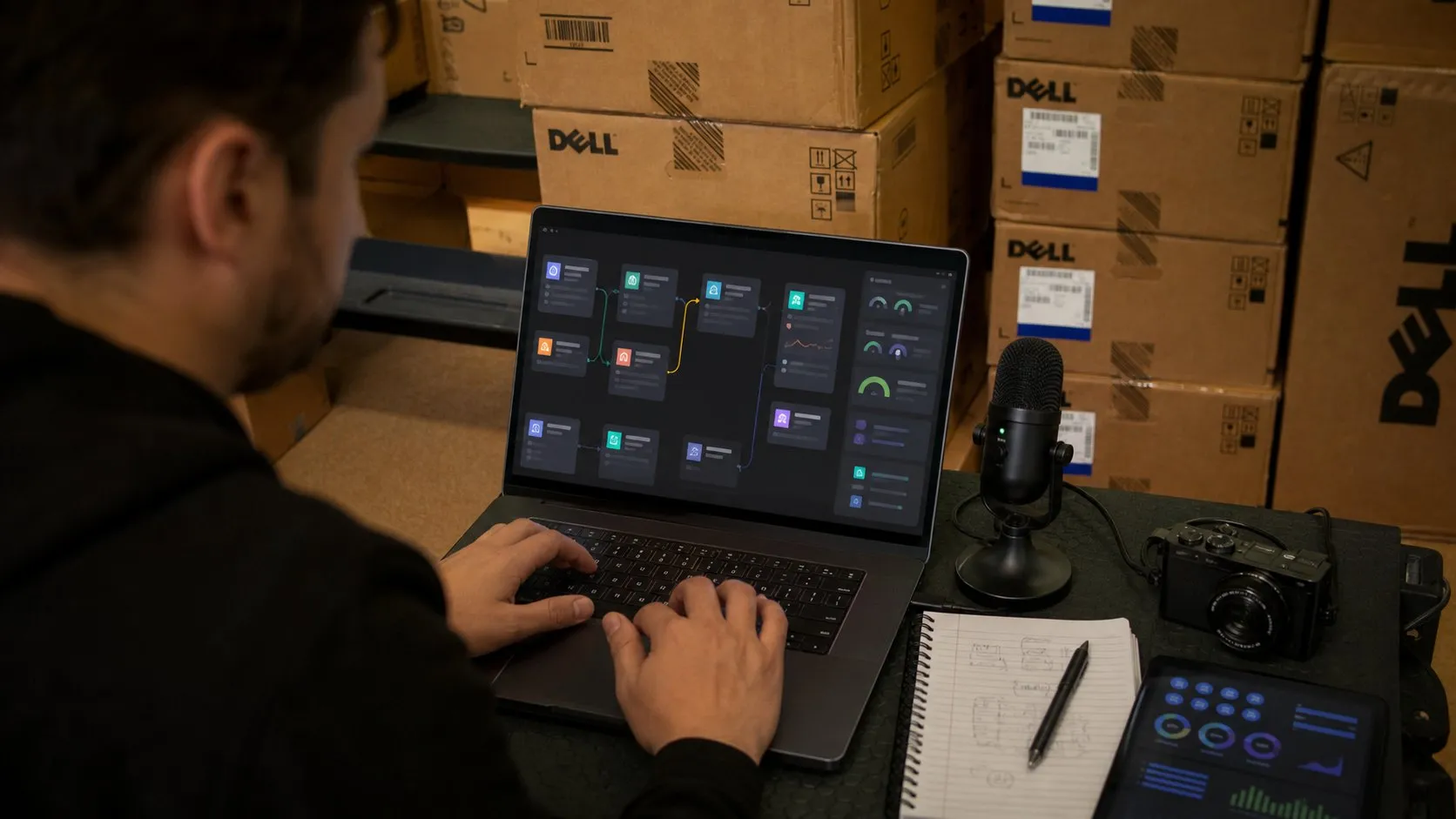 A photorealistic AI automation platform work moment showing where Gumloop fits before a city decision