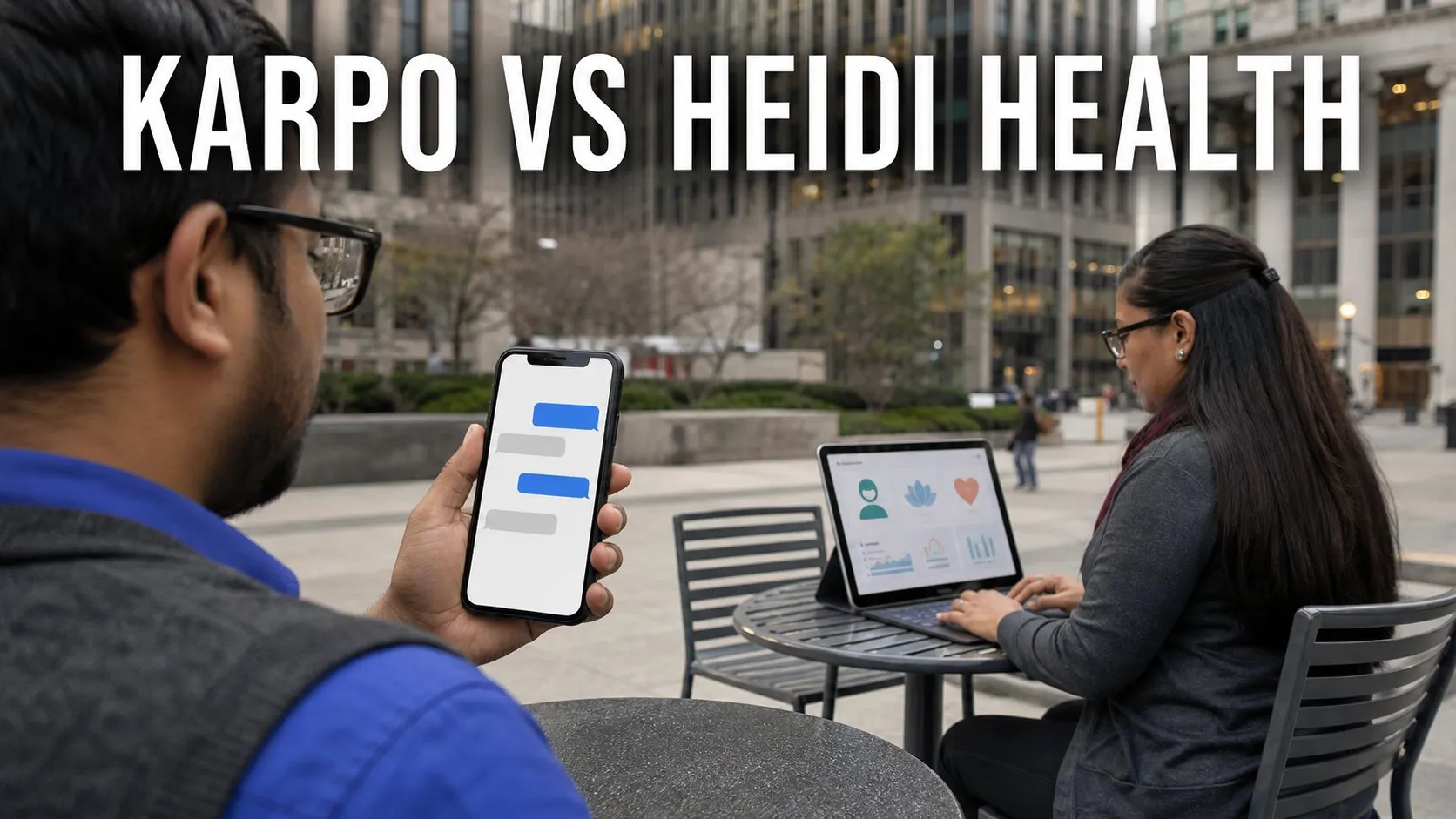 Photorealistic Karpo versus Heidi Health comparison using a architecture establishing composition