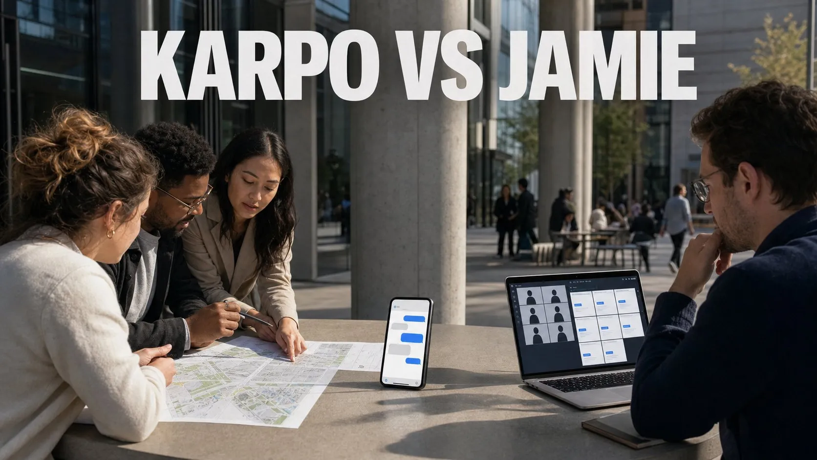 Photorealistic Karpo versus Jamie comparison using a public space wide composition