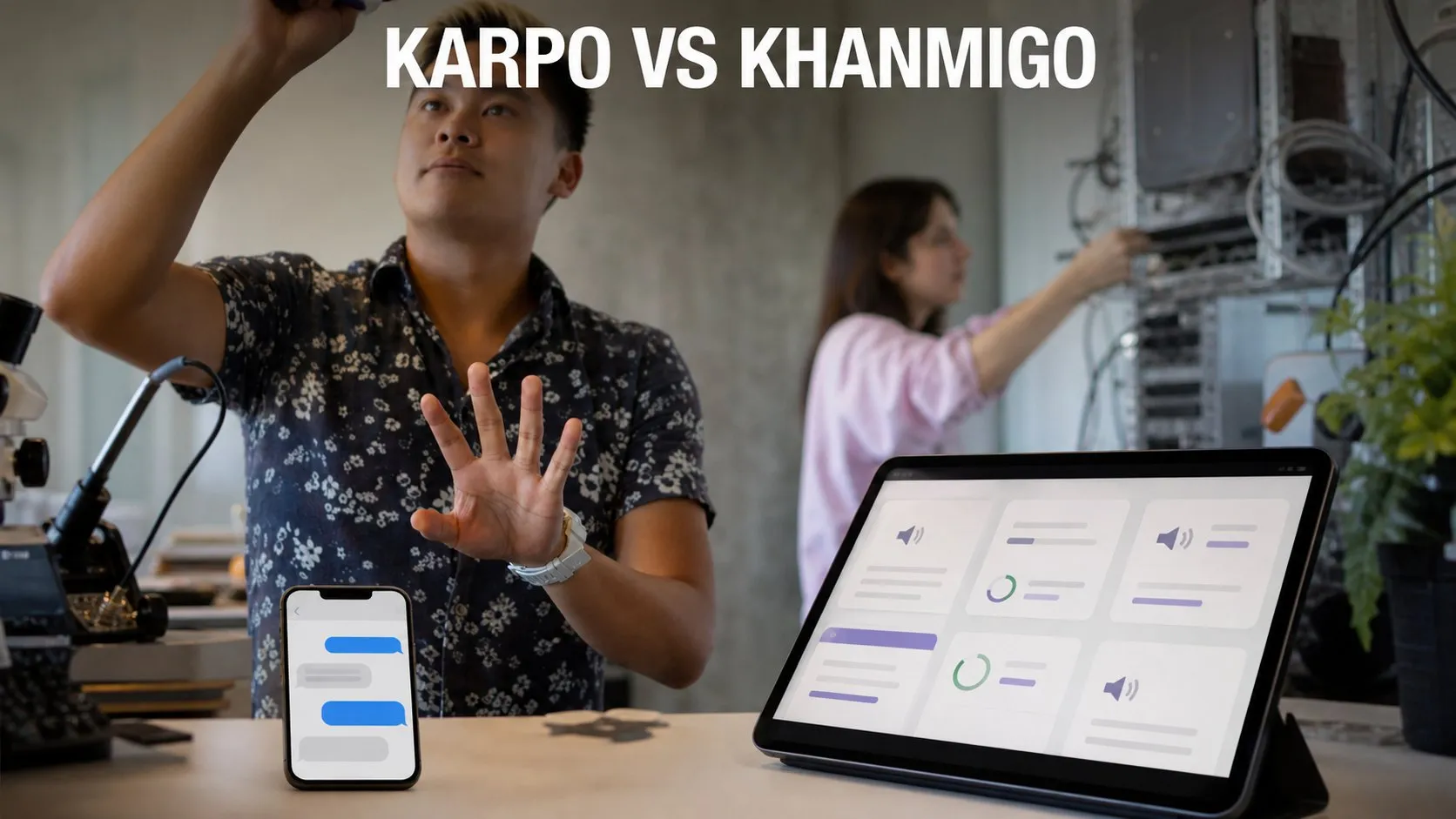 Photorealistic Karpo versus Khanmigo comparison using a studio equipment composition