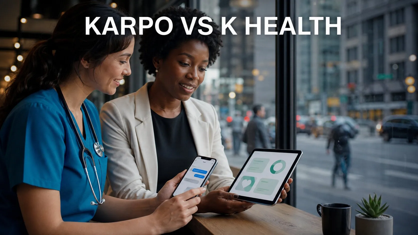 Photorealistic Karpo versus K Health comparison using a window reflection composition