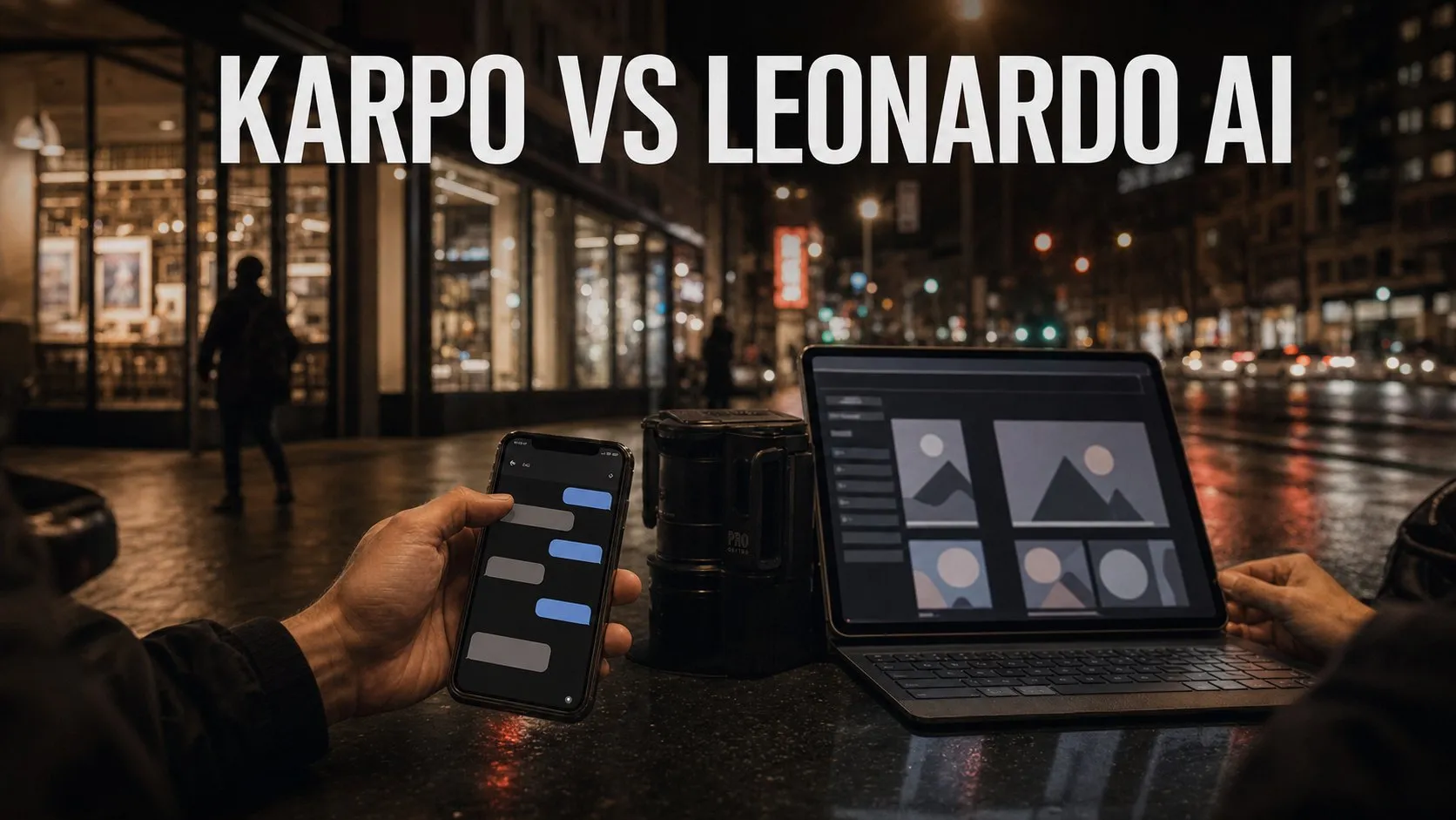 Photorealistic Karpo versus Leonardo AI comparison using a night exterior composition