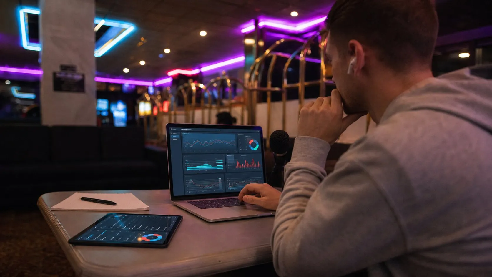 A photorealistic AI investing assistant work moment showing where Magnifi fits before a city decision