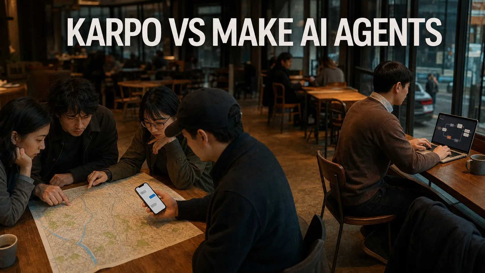 Photorealistic Karpo versus Make AI Agents comparison using a public space wide composition