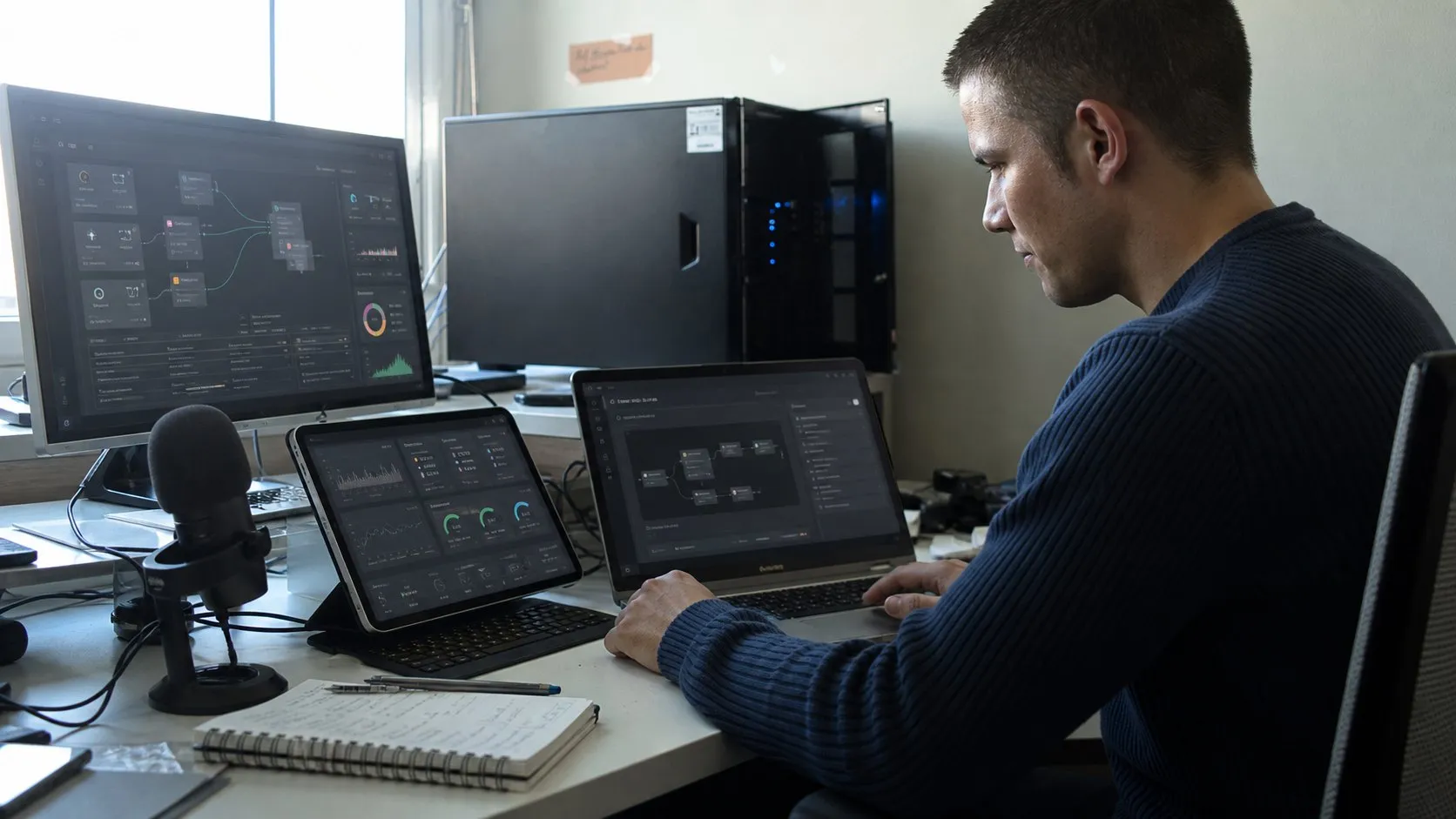 A photorealistic AI automation agents work moment showing where Make AI Agents fits before a city decision