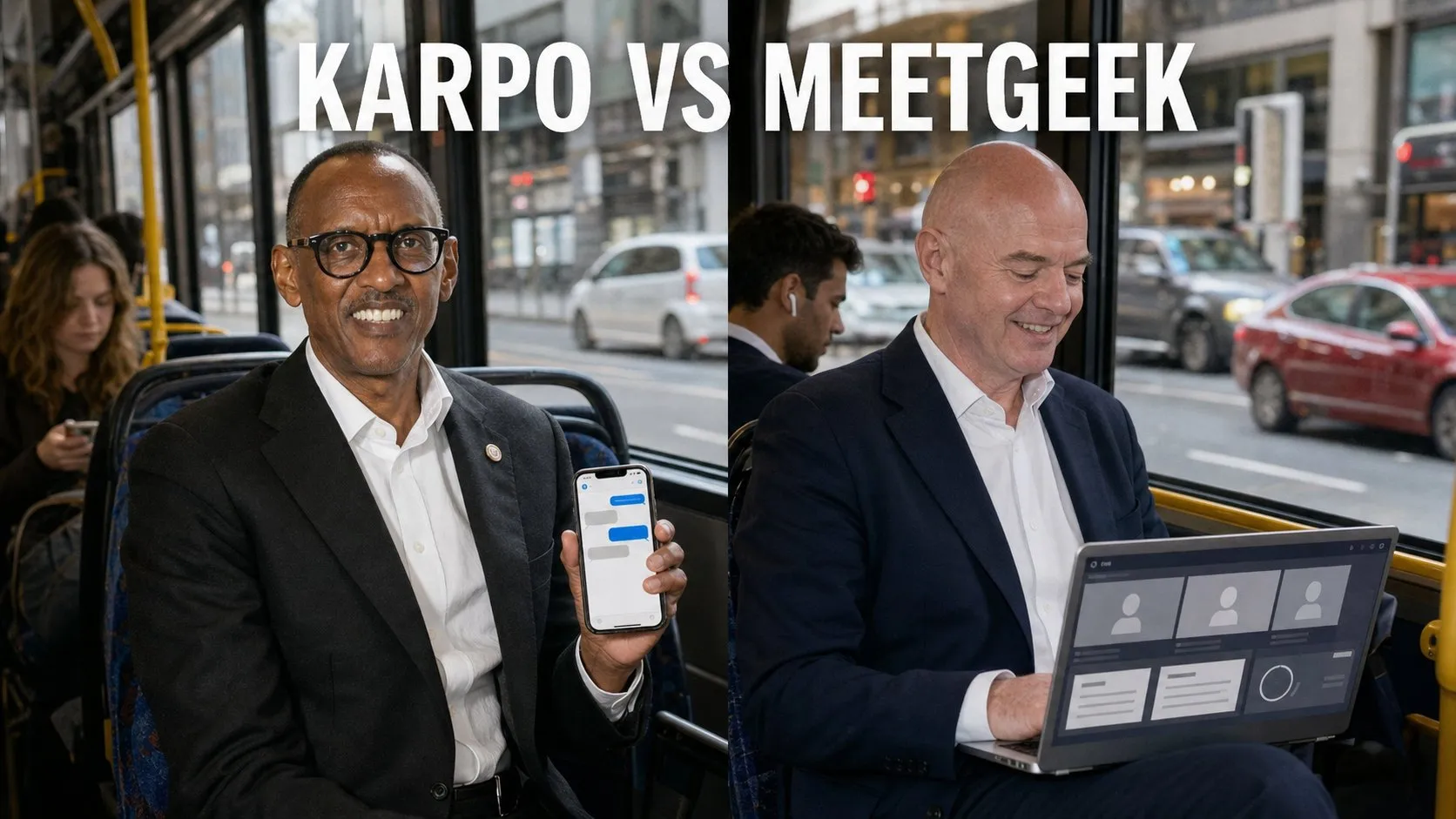 Photorealistic Karpo versus MeetGeek comparison using a street transit composition