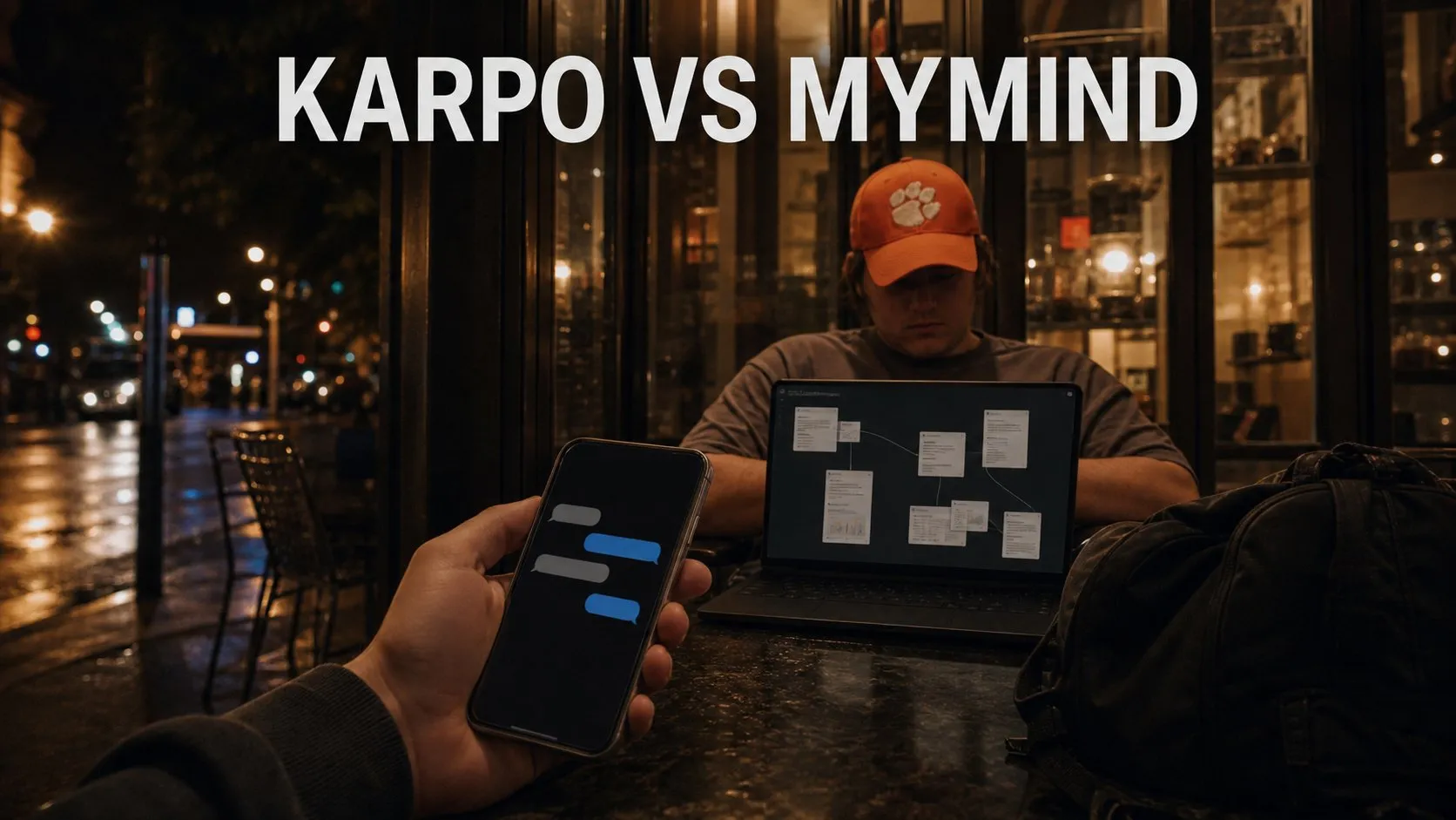 Photorealistic Karpo versus mymind comparison using a night exterior composition