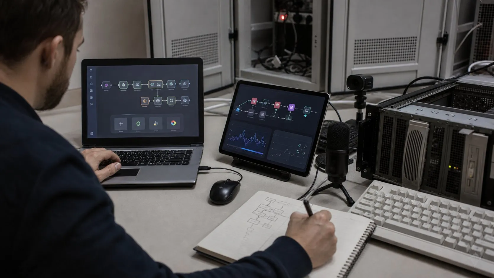 A photorealistic AI workflow automation work moment showing where n8n AI fits before a city decision
