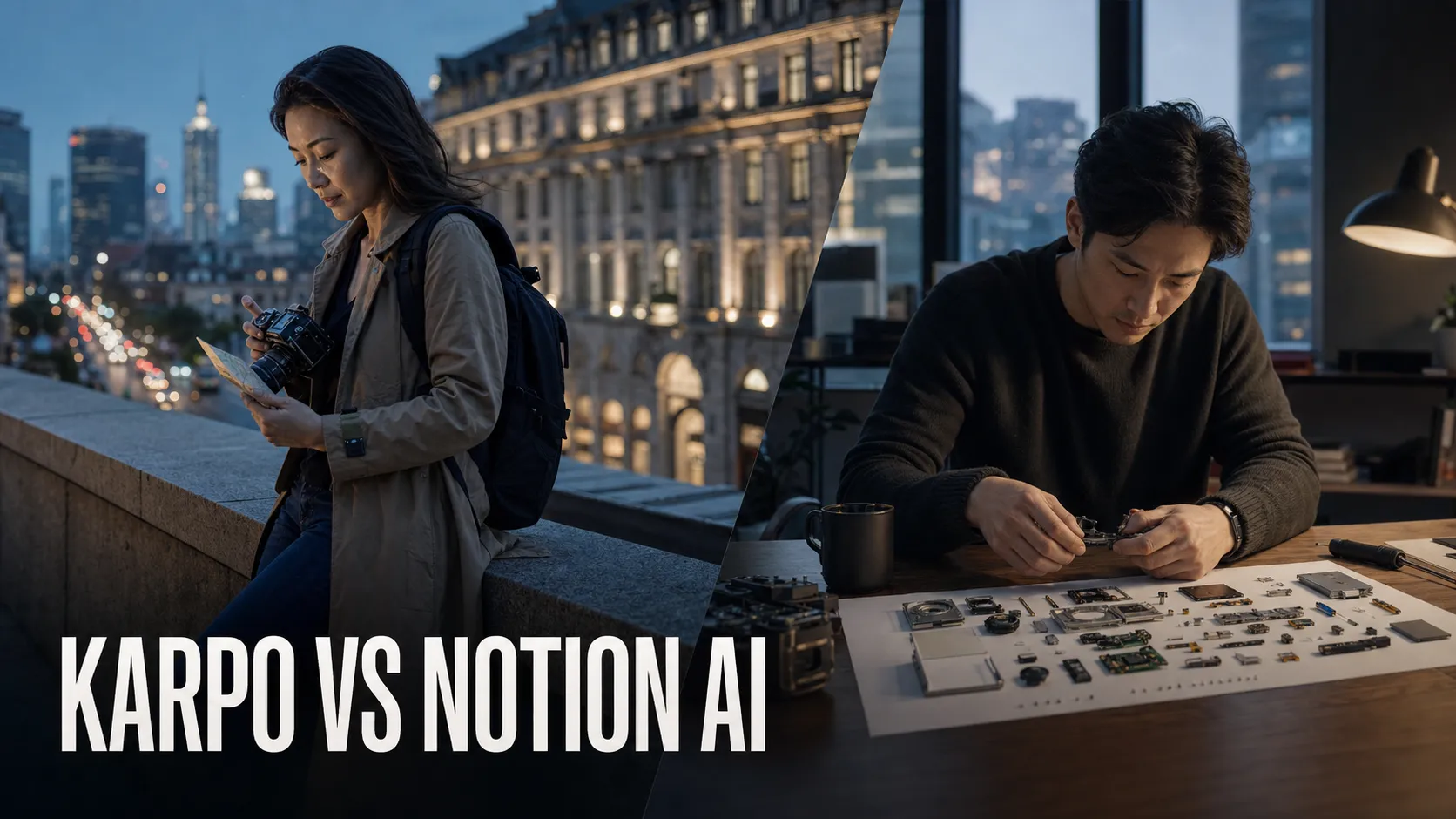 Karpo versus Notion AI in a photorealistic editorial comparison.