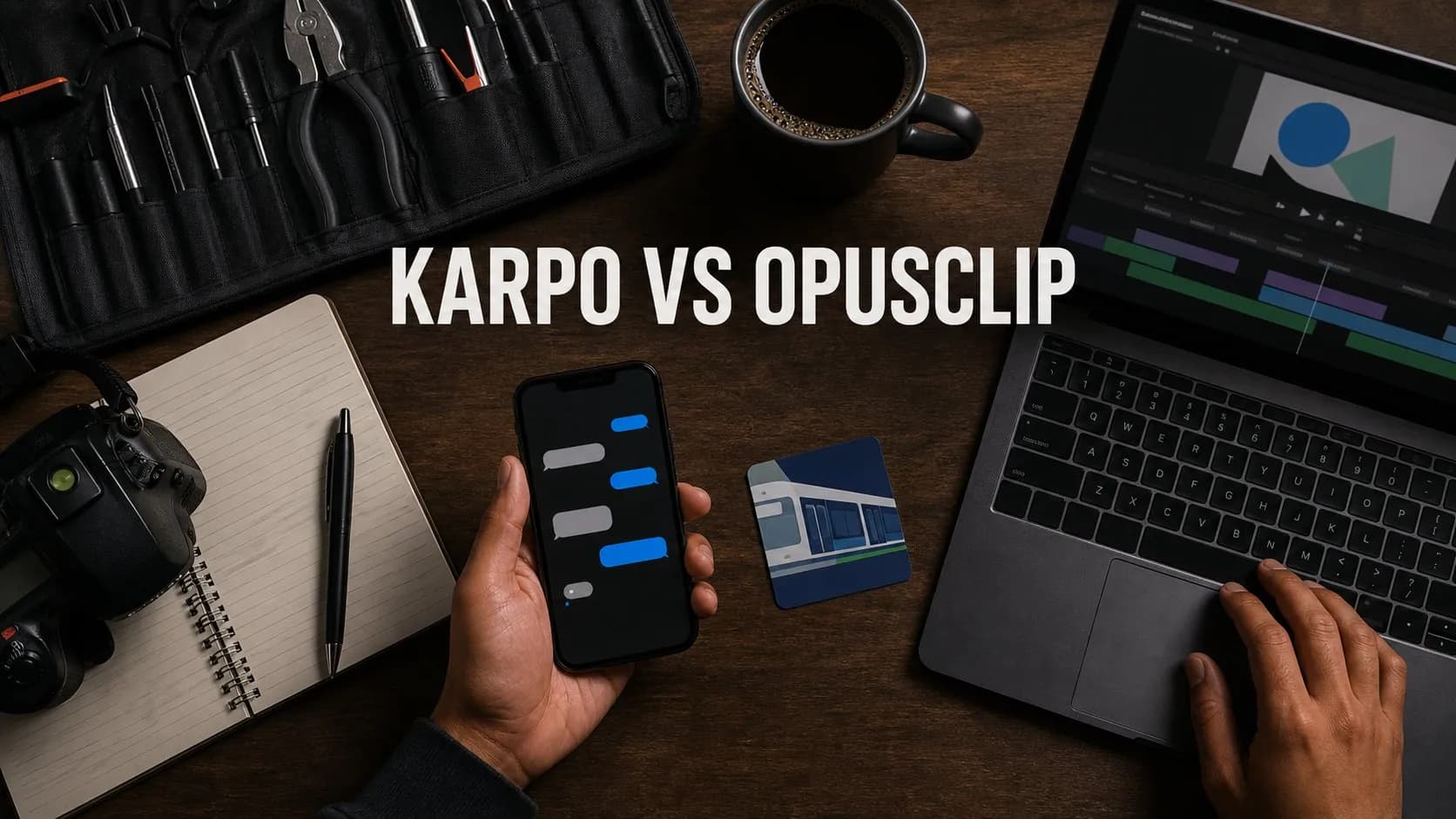 Photorealistic Karpo versus OpusClip comparison using a workspace overhead composition