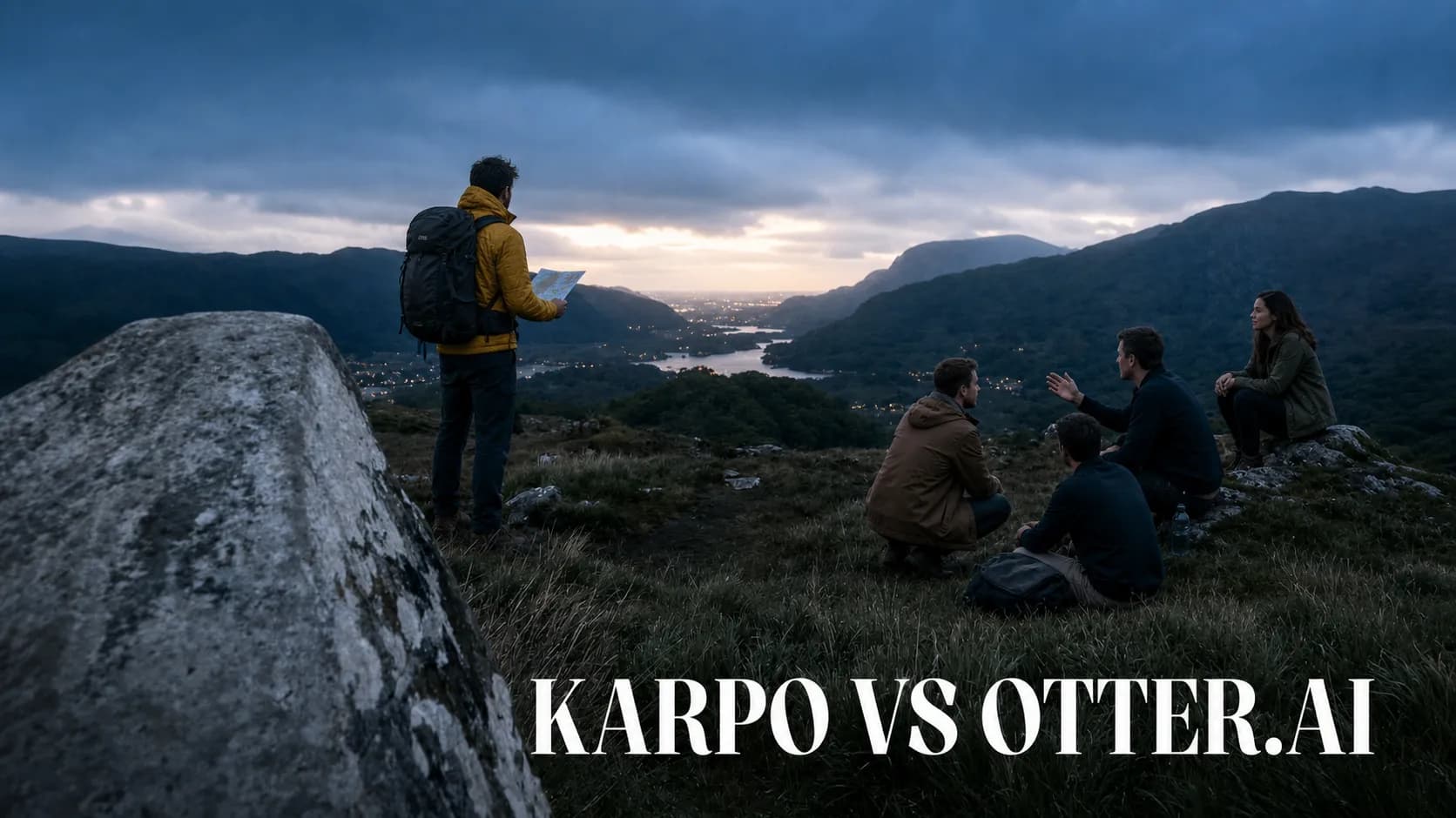 Karpo versus Otter.ai in a photorealistic editorial comparison.