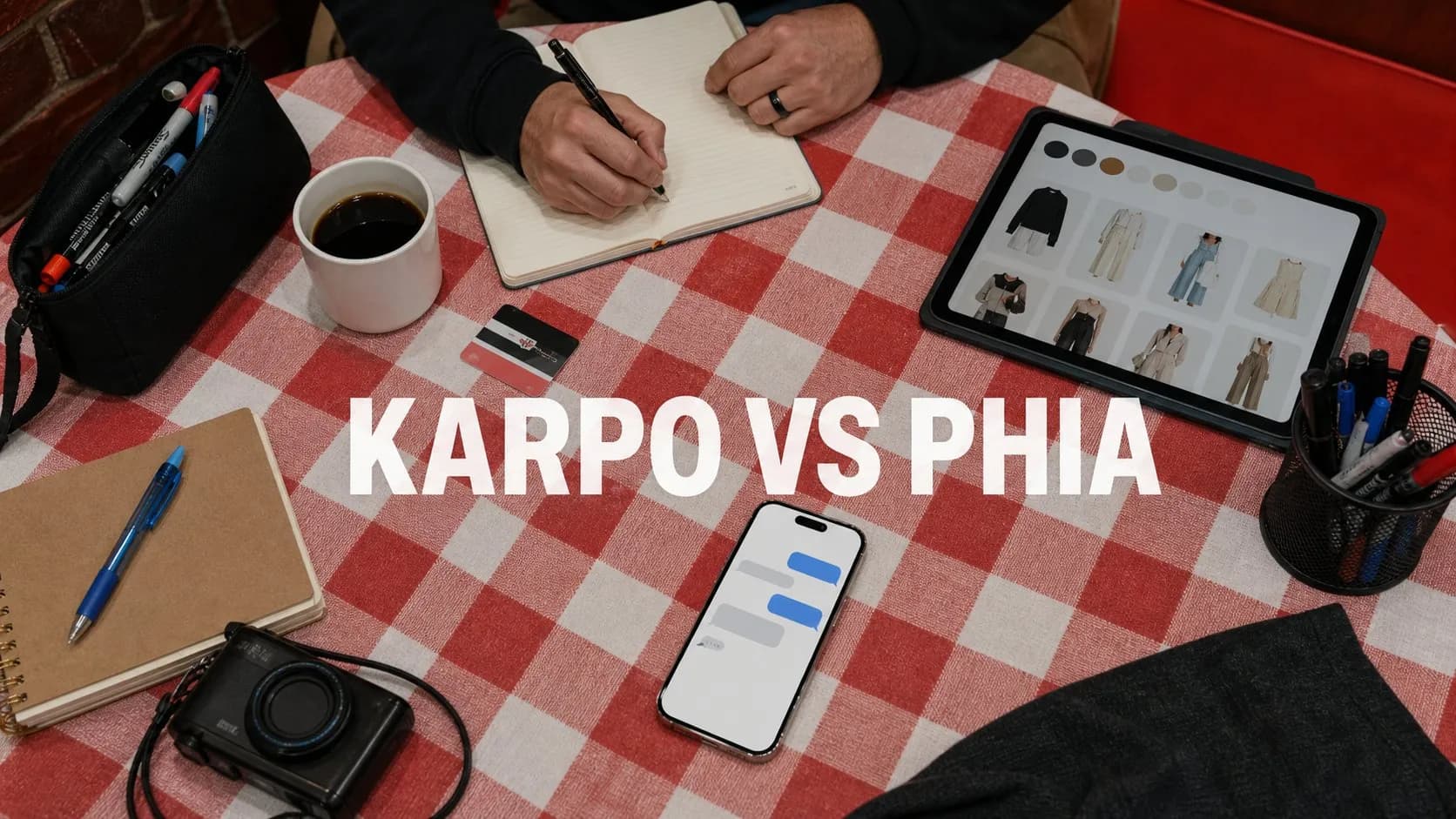Photorealistic Karpo versus Phia comparison using a workspace overhead composition