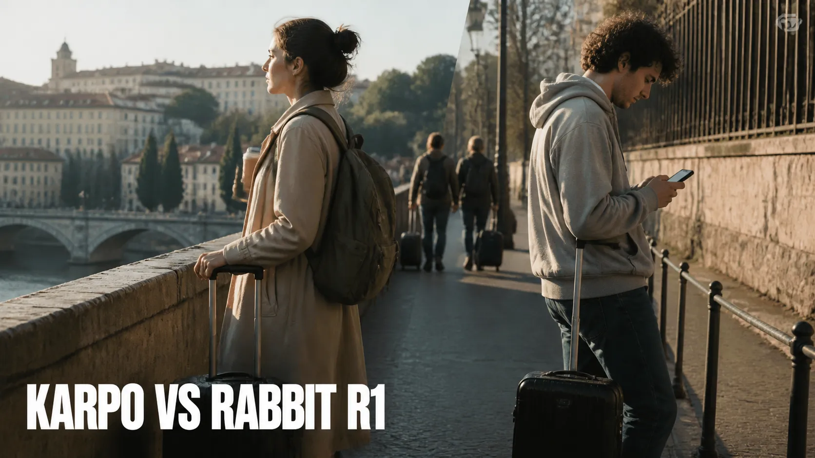 Karpo versus Rabbit r1 in a photorealistic editorial comparison.