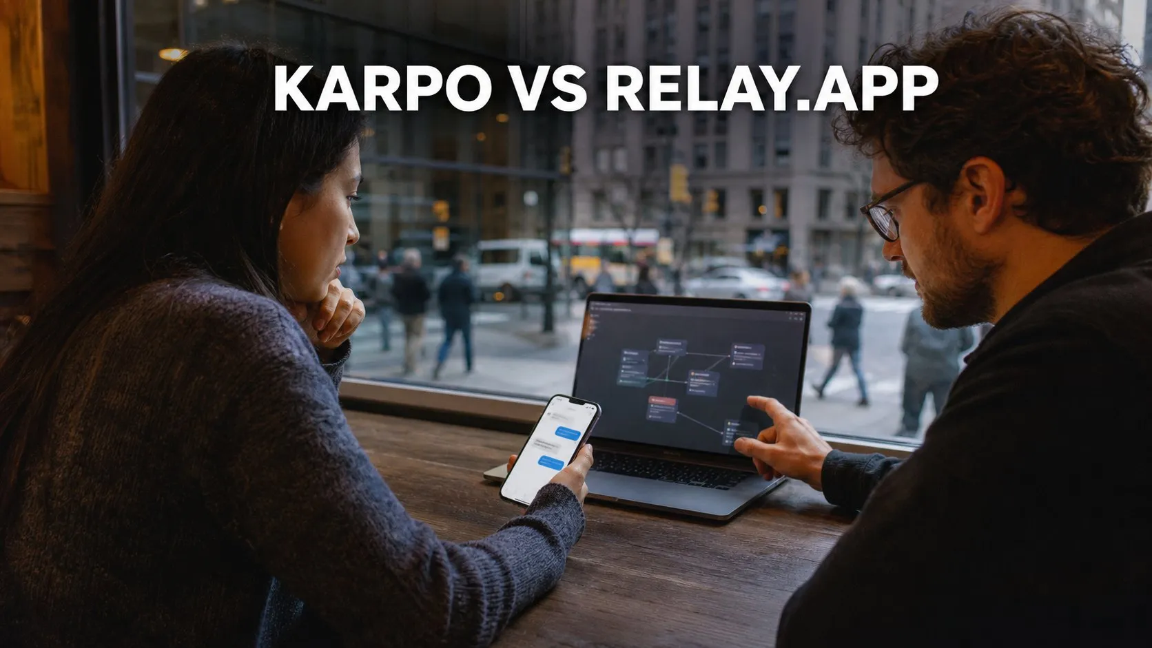 Photorealistic Karpo versus Relay.app comparison using a window reflection composition