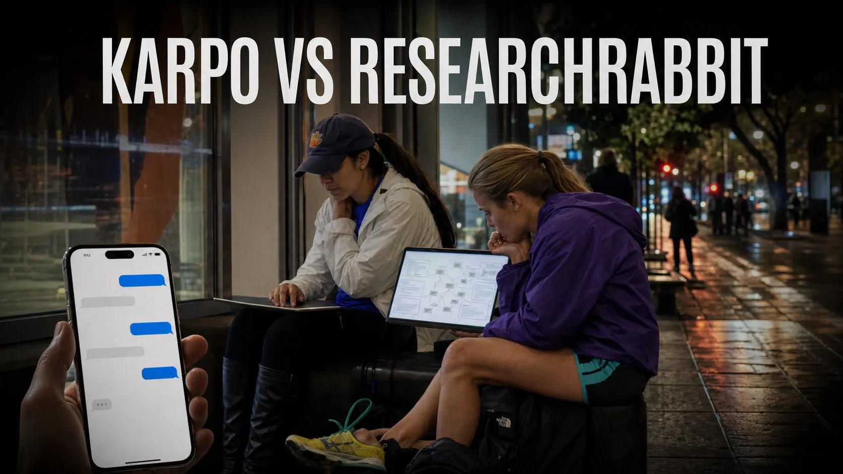Photorealistic Karpo versus ResearchRabbit comparison using a night exterior composition