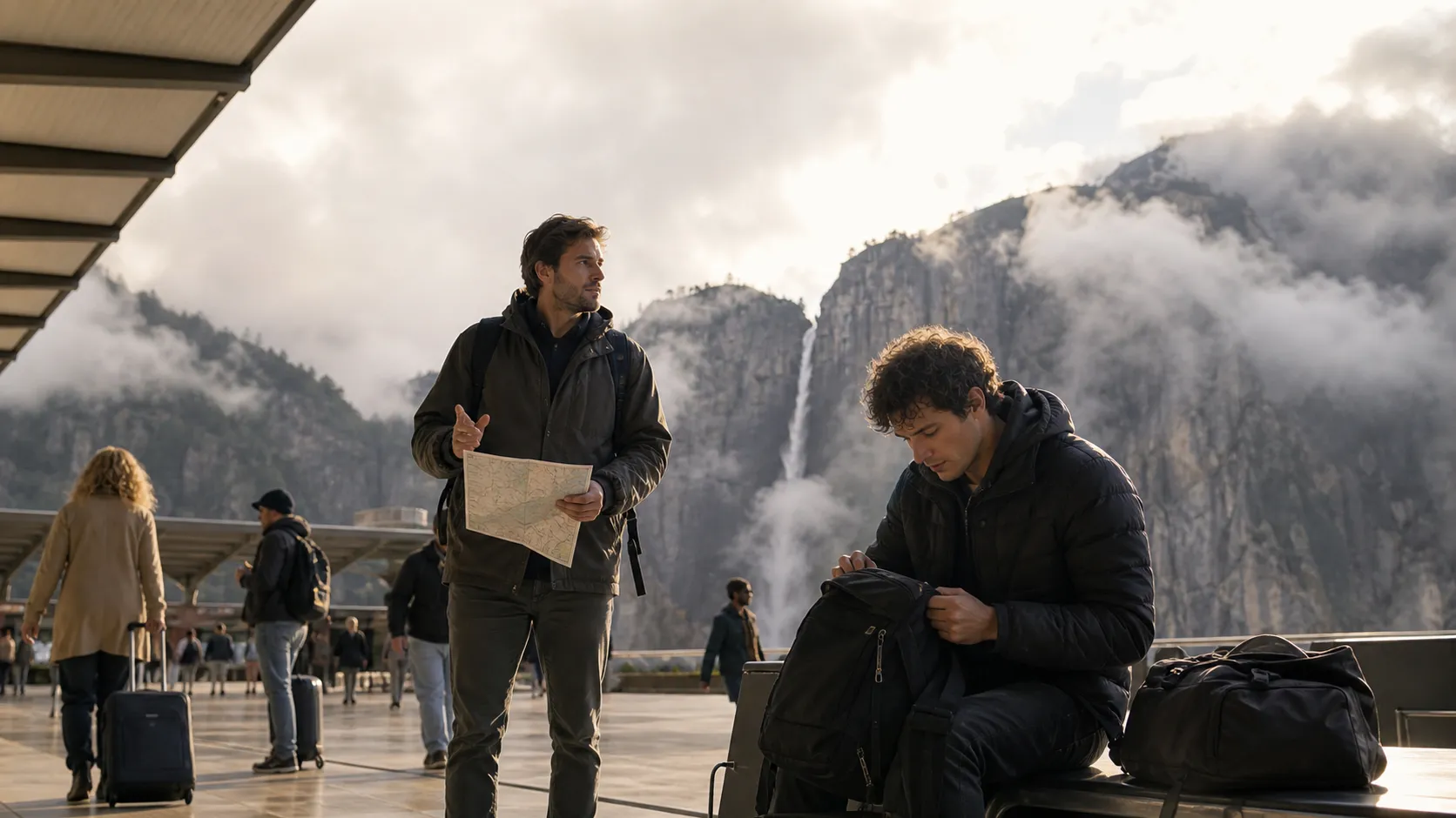 Photorealistic scene showing Karpo coordinating the wider day around Rufus.