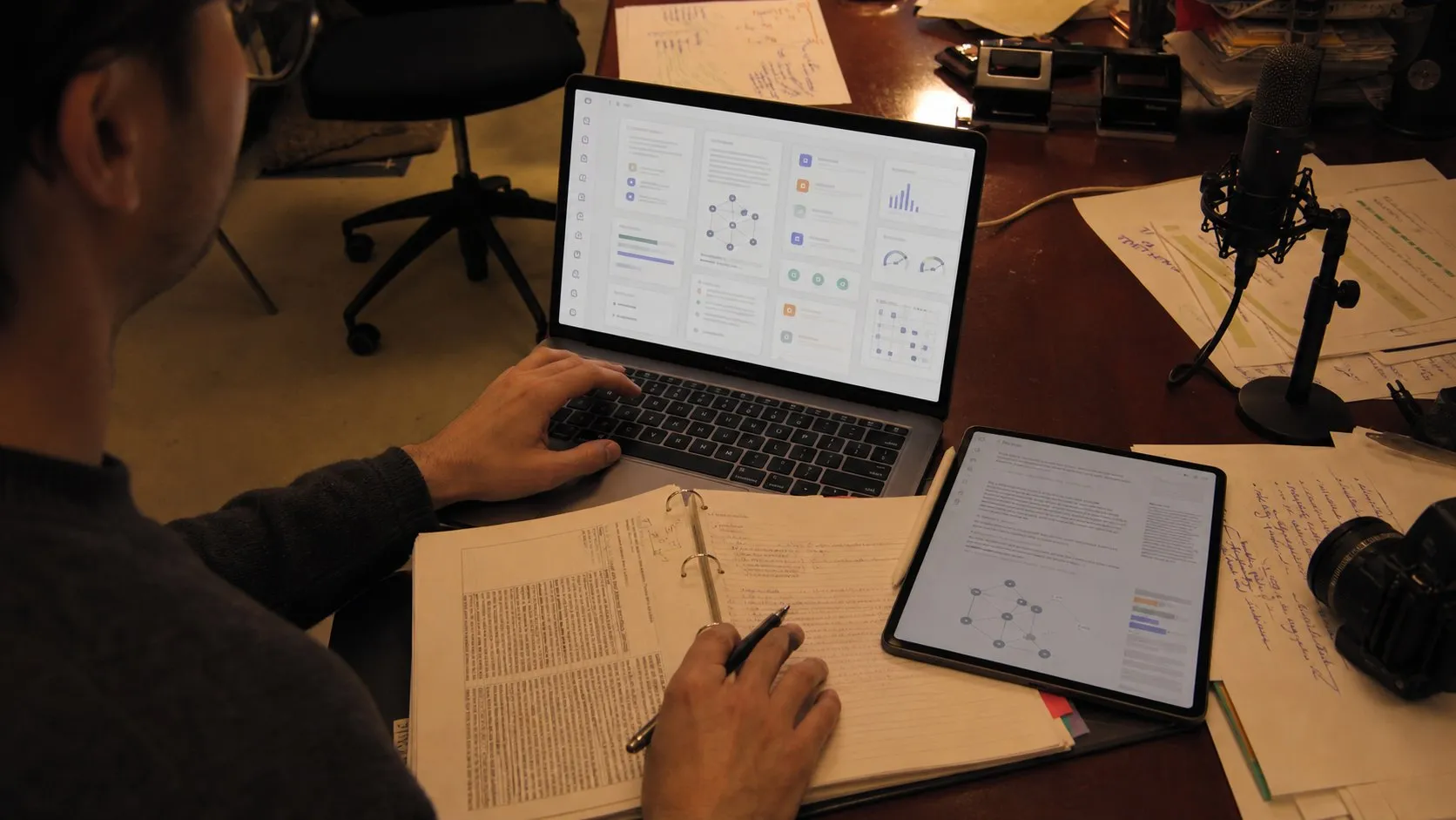 A photorealistic AI research assistant work moment showing where Scite fits before a city decision