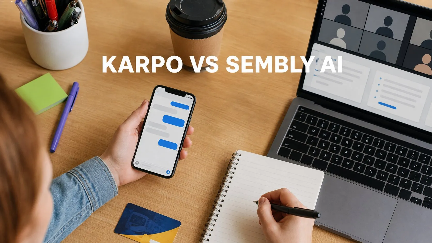 Photorealistic Karpo versus Sembly AI comparison using a workspace overhead composition