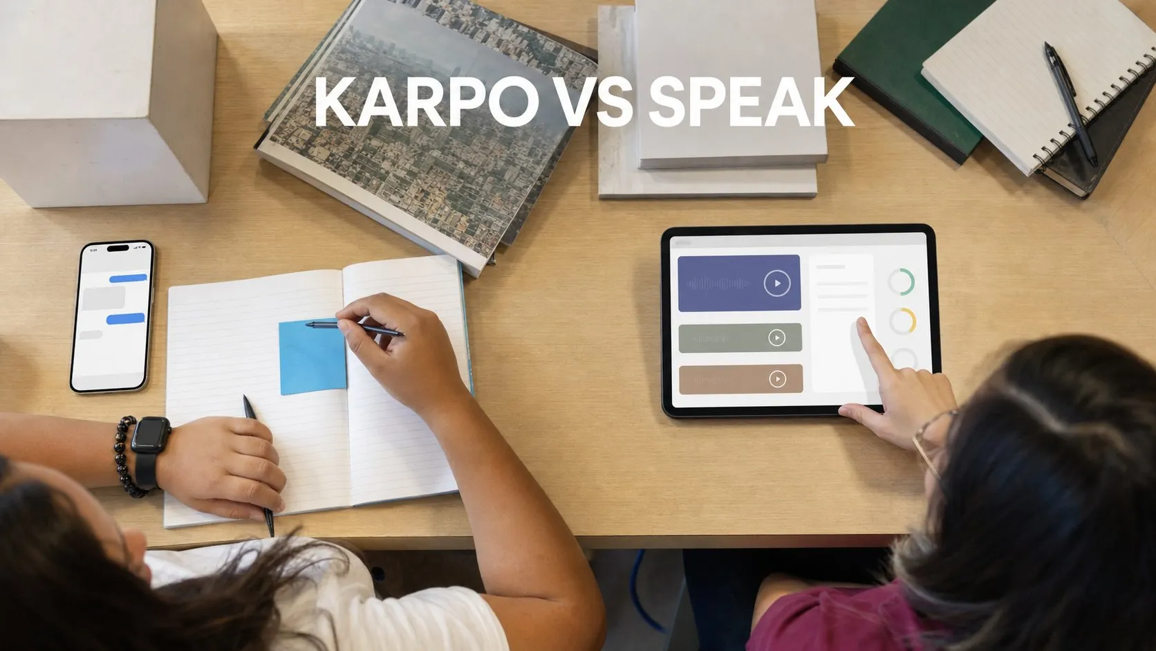 Photorealistic Karpo versus Speak comparison using a object tabletop composition
