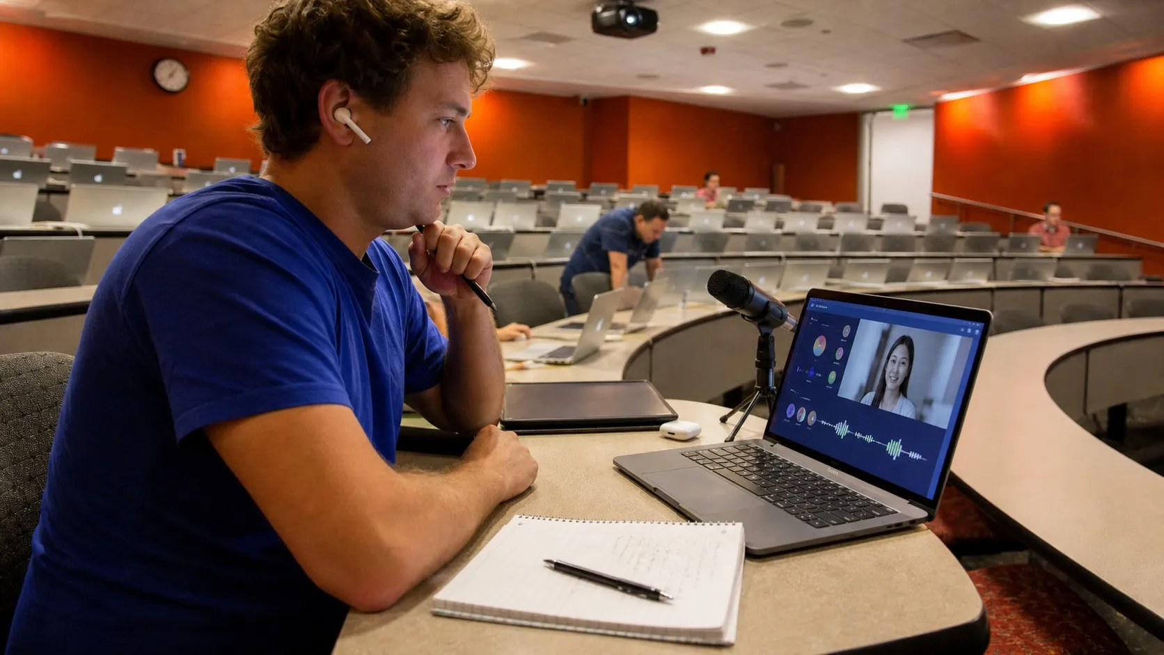 A photorealistic AI language tutor work moment showing where Speak fits before a city decision